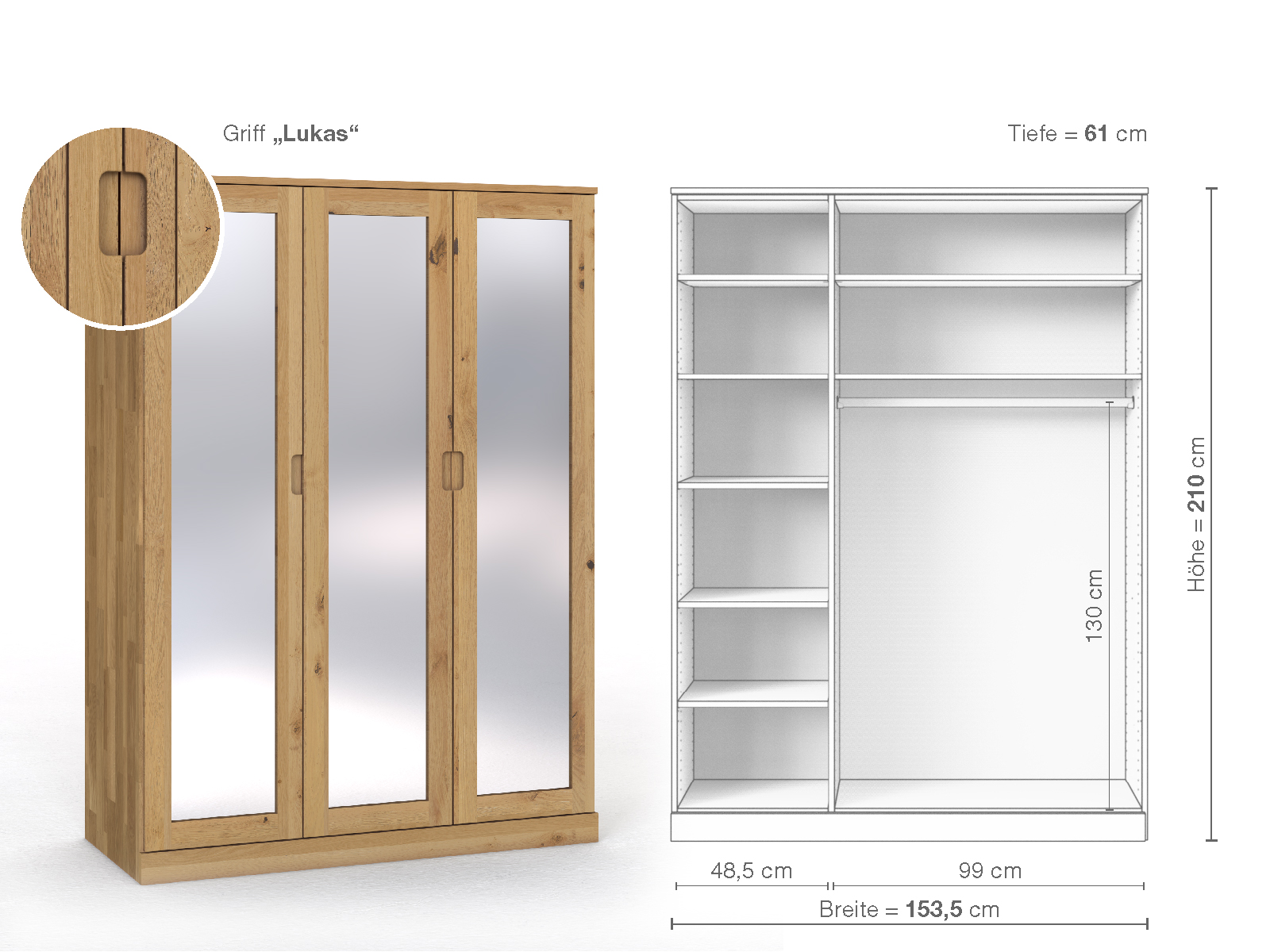 Schrank „Alpenrose“ aus Wildeiche Hell, 3-türig, Höhe 210 cm, Griffausführung „Lukas“, Inneneinrichtung B