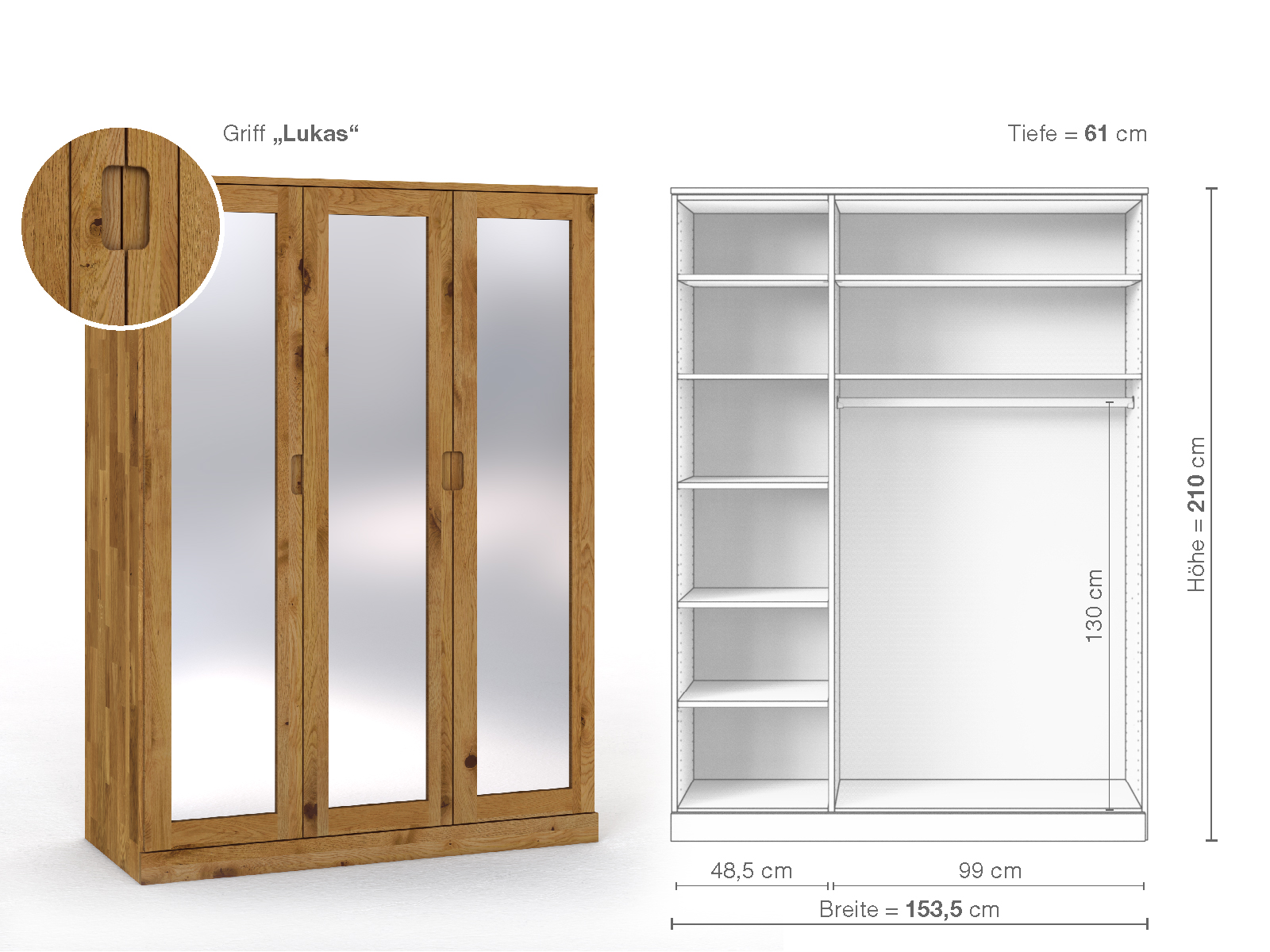 Schrank „Alpenrose“ aus Wildeiche, 3-türig, Höhe 210 cm, Griffausführung „Lukas“, Inneneinrichtung B