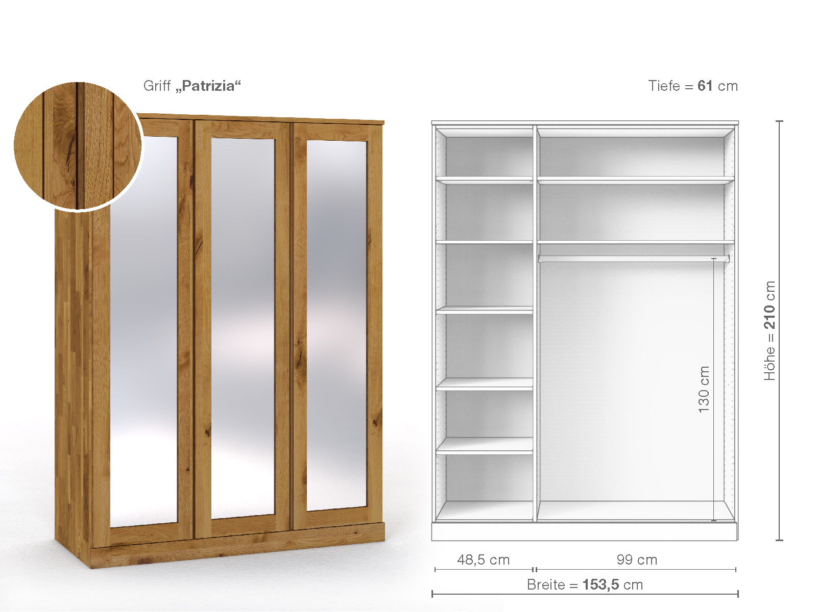 Schrank „Alpenrose“ aus Wildeiche, 3-türig, Höhe 210 cm, Griffausführung „Patrizia“, Inneneinrichtung B