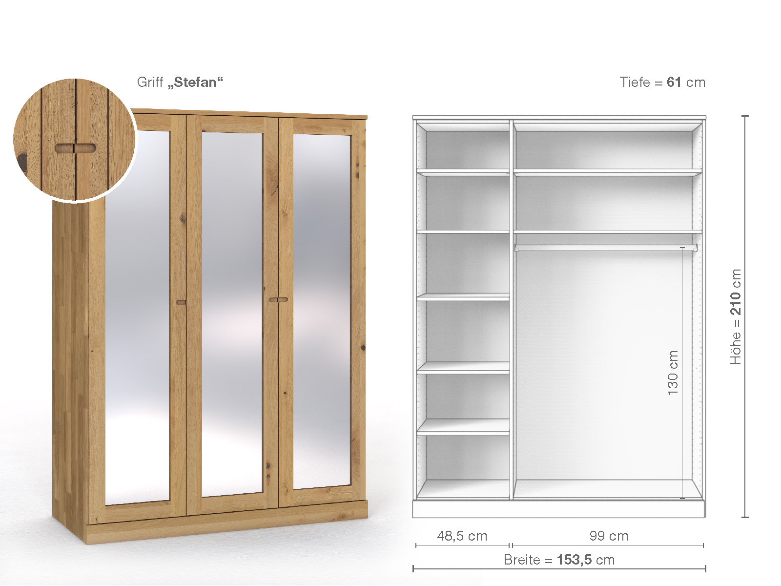 Schrank „Alpenrose“ aus Wildeiche Hell, 3-türig, Höhe 210 cm, Griffausführung „Stefan“, Inneneinrichtung B