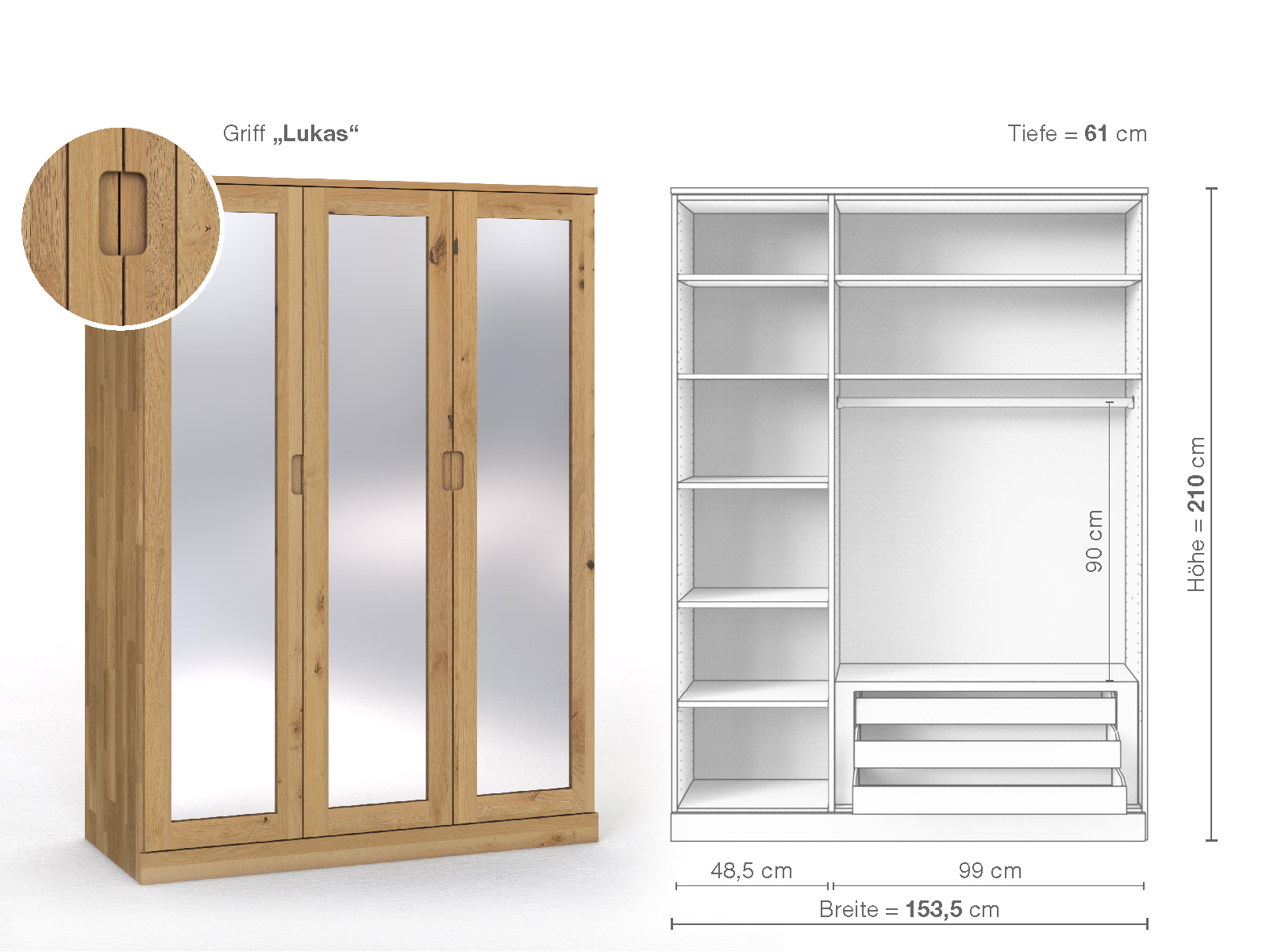 Schrank „Alpenrose“ aus Wildeiche Hell, 3-türig, Höhe 210 cm, Griffausführung „Lukas“, Inneneinrichtung C