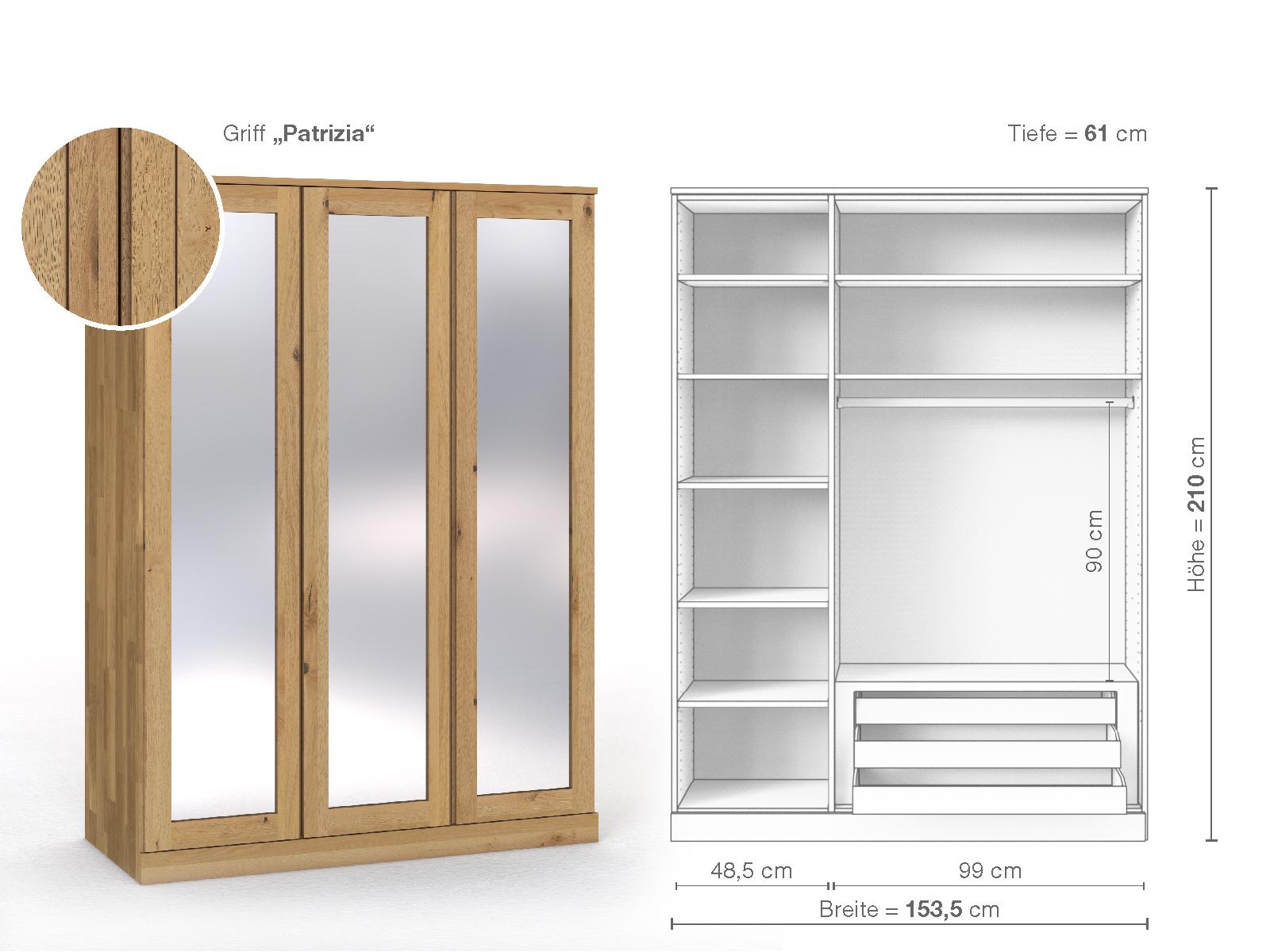 Schrank „Alpenrose“ aus Wildeiche Hell, 3-türig, Höhe 210 cm, Griffausführung „Patrizia“, Inneneinrichtung C