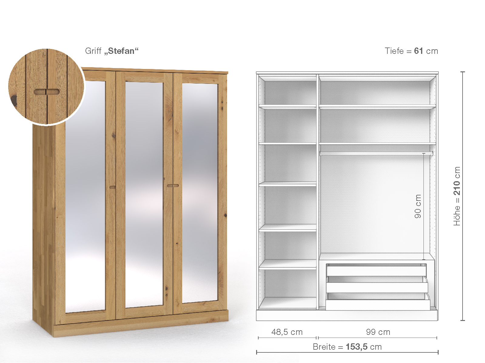 Schrank „Alpenrose“ aus Wildeiche Hell, 3-türig, Höhe 210 cm, Griffausführung „Stefan“, Inneneinrichtung C