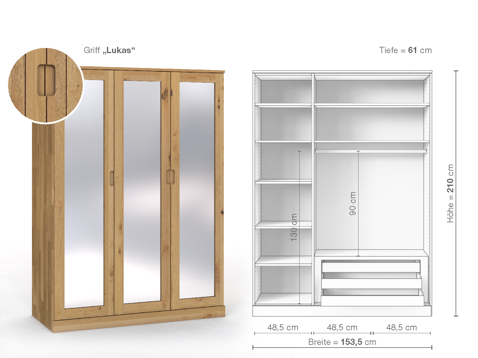 Schrank „Alpenrose“ aus Wildeiche Hell, 3-türig, Höhe 210 cm, Griffausführung „Lukas“, Inneneinrichtung D