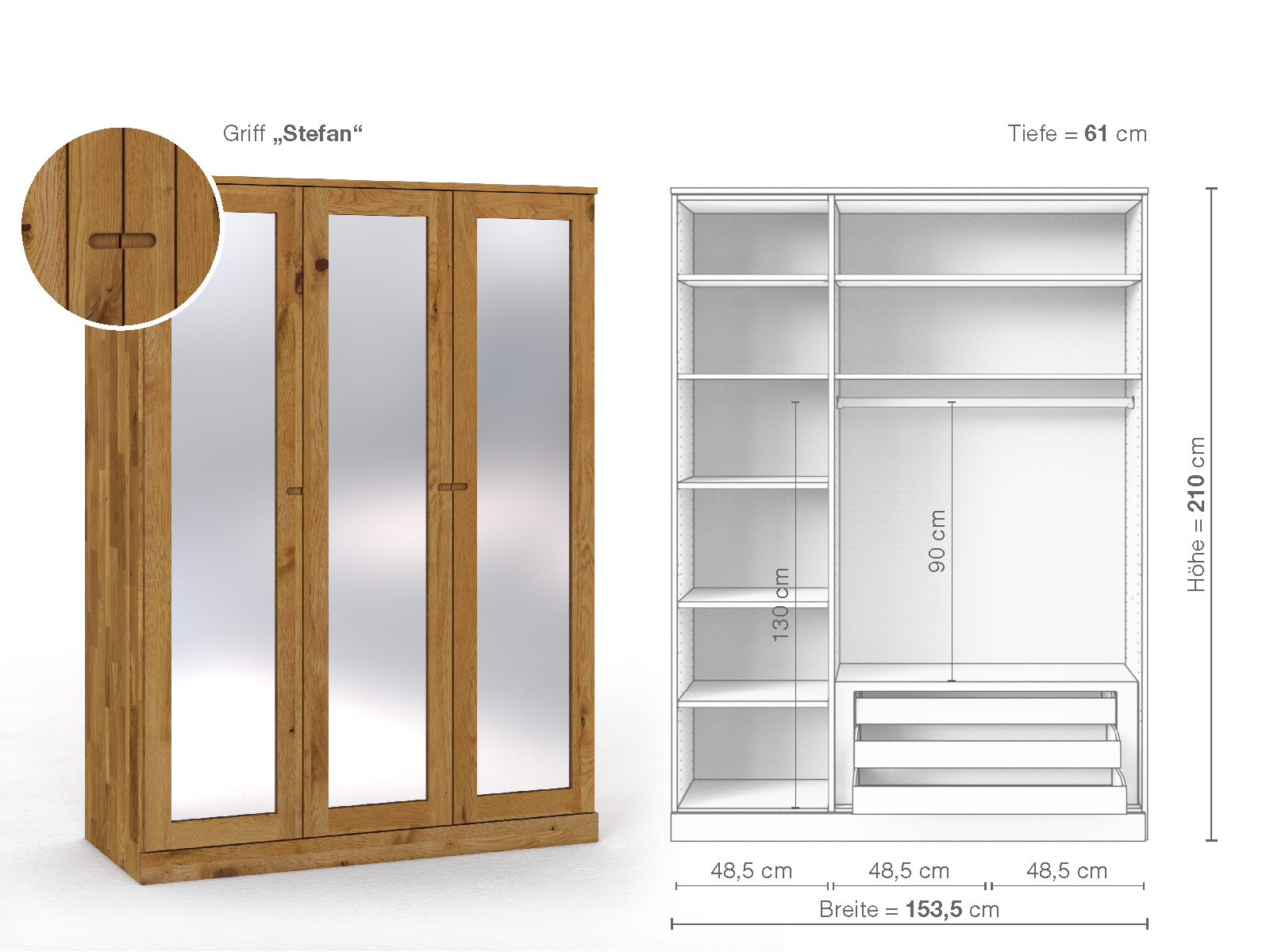 Schrank „Alpenrose“ aus Wildeiche, 3-türig, Höhe 210 cm, Griffausführung „Stefan“, Inneneinrichtung D