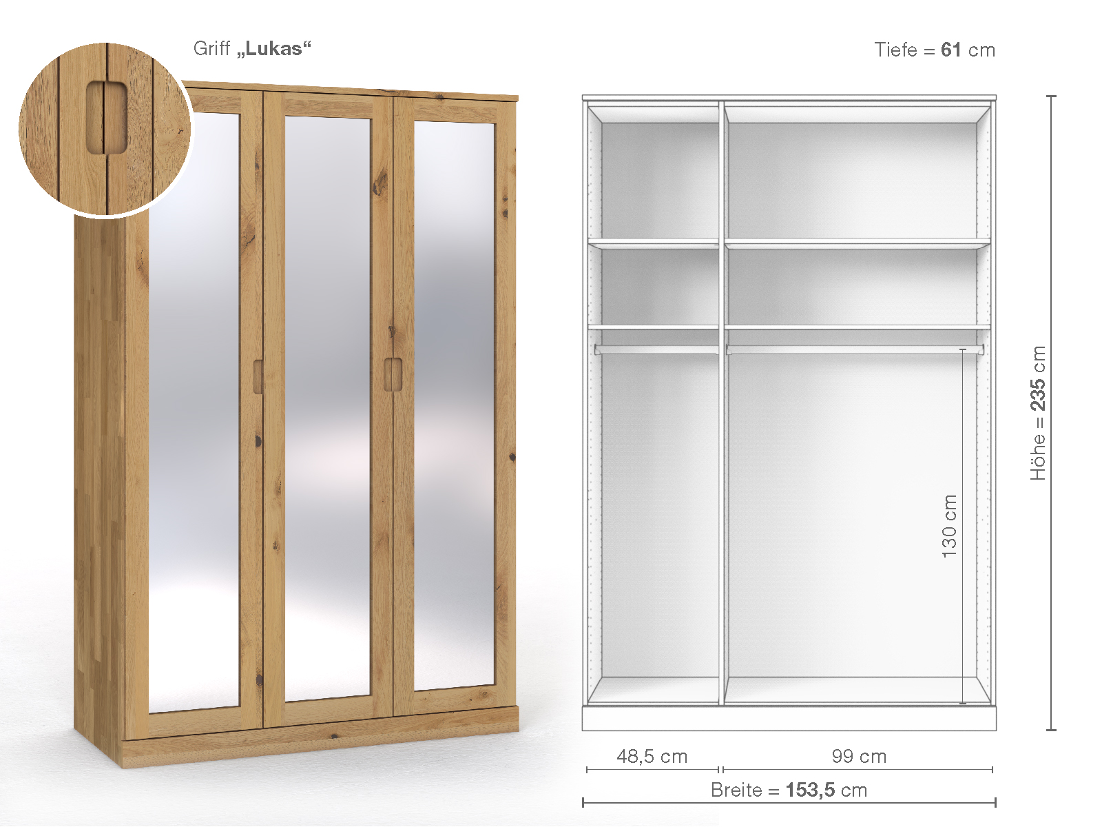 Schrank „Alpenrose“ aus Wildeiche Hell, 3-türig, Höhe 235 cm, Griffausführung „Lukas“, Inneneinrichtung A