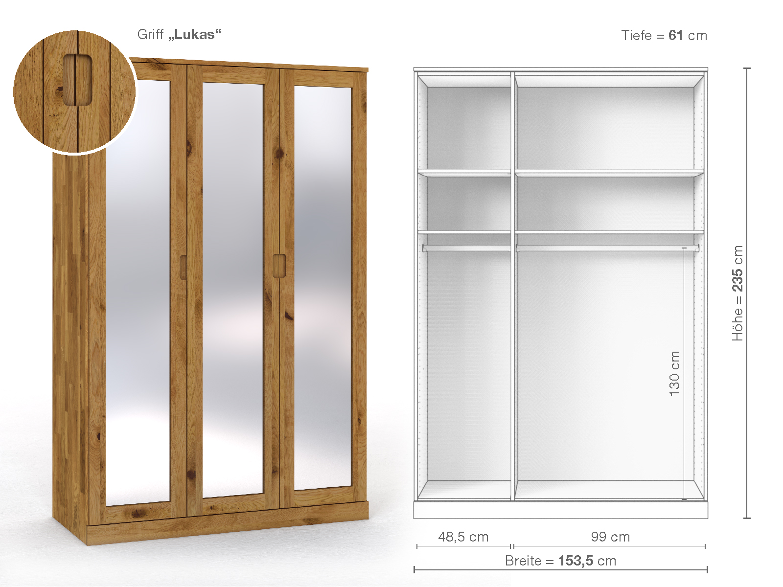 Schrank „Alpenrose“ aus Wildeiche, 3-türig, Höhe 235 cm, Griffausführung „Lukas“, Inneneinrichtung A