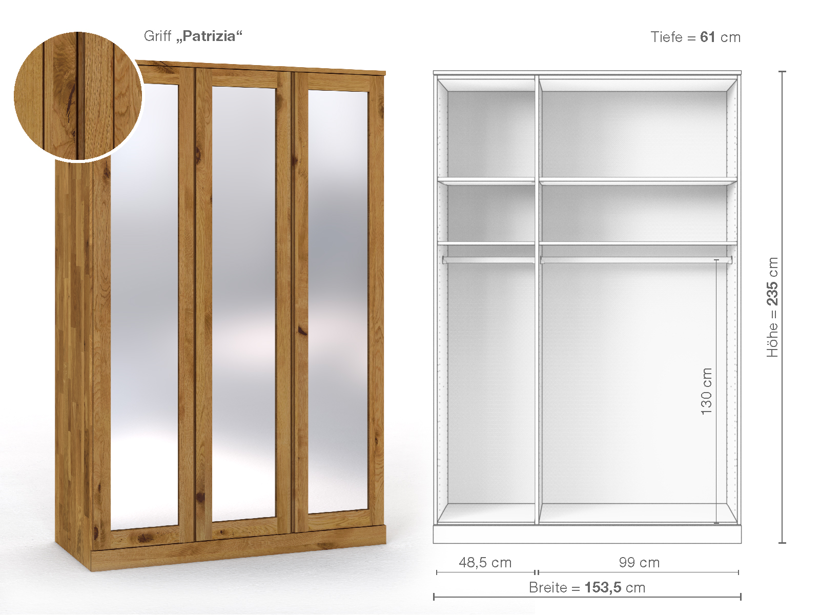 Schrank „Alpenrose“ aus Wildeiche, 3-türig, Höhe 235 cm, Griffausführung „Patrizia“, Inneneinrichtung A