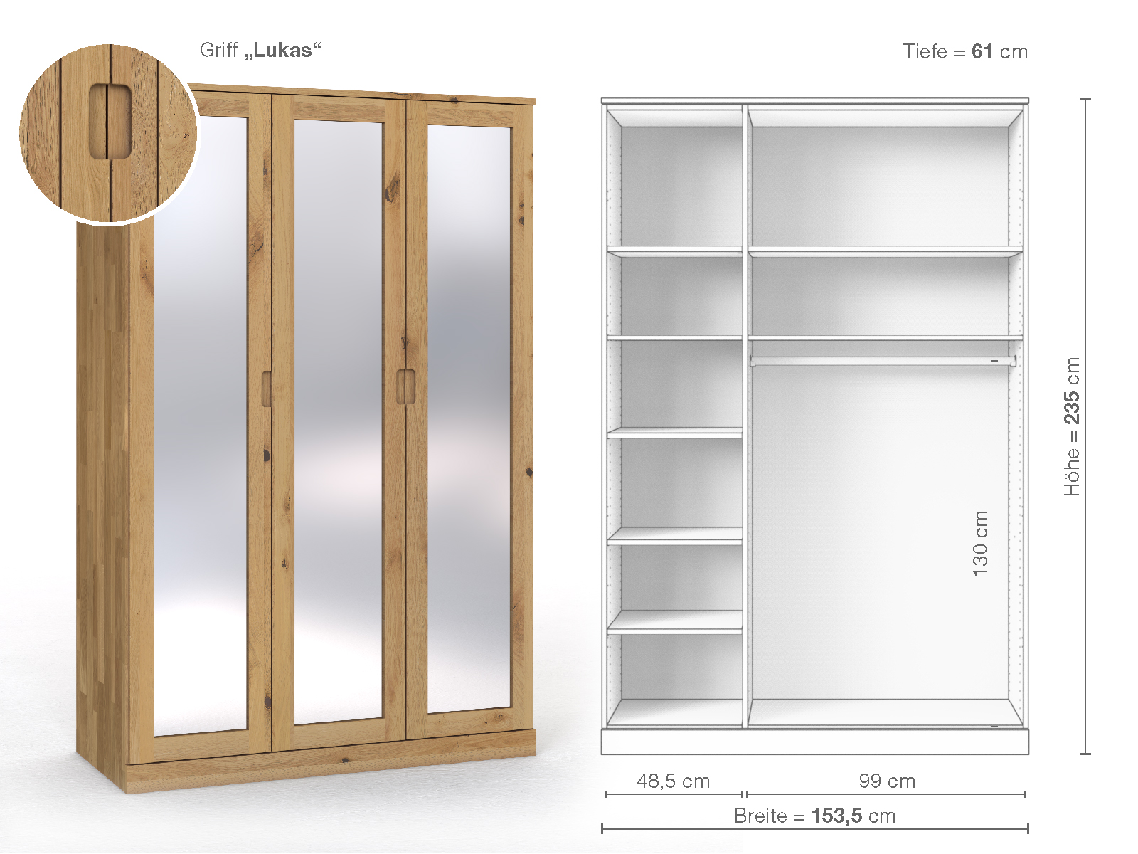 Schrank „Alpenrose“ aus Wildeiche Hell, 3-türig, Höhe 235 cm, Griffausführung „Lukas“, Inneneinrichtung B