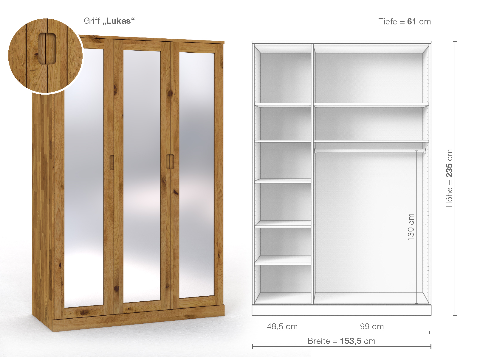 Schrank „Alpenrose“ aus Wildeiche, 3-türig, Höhe 235 cm, Griffausführung „Lukas“, Inneneinrichtung B