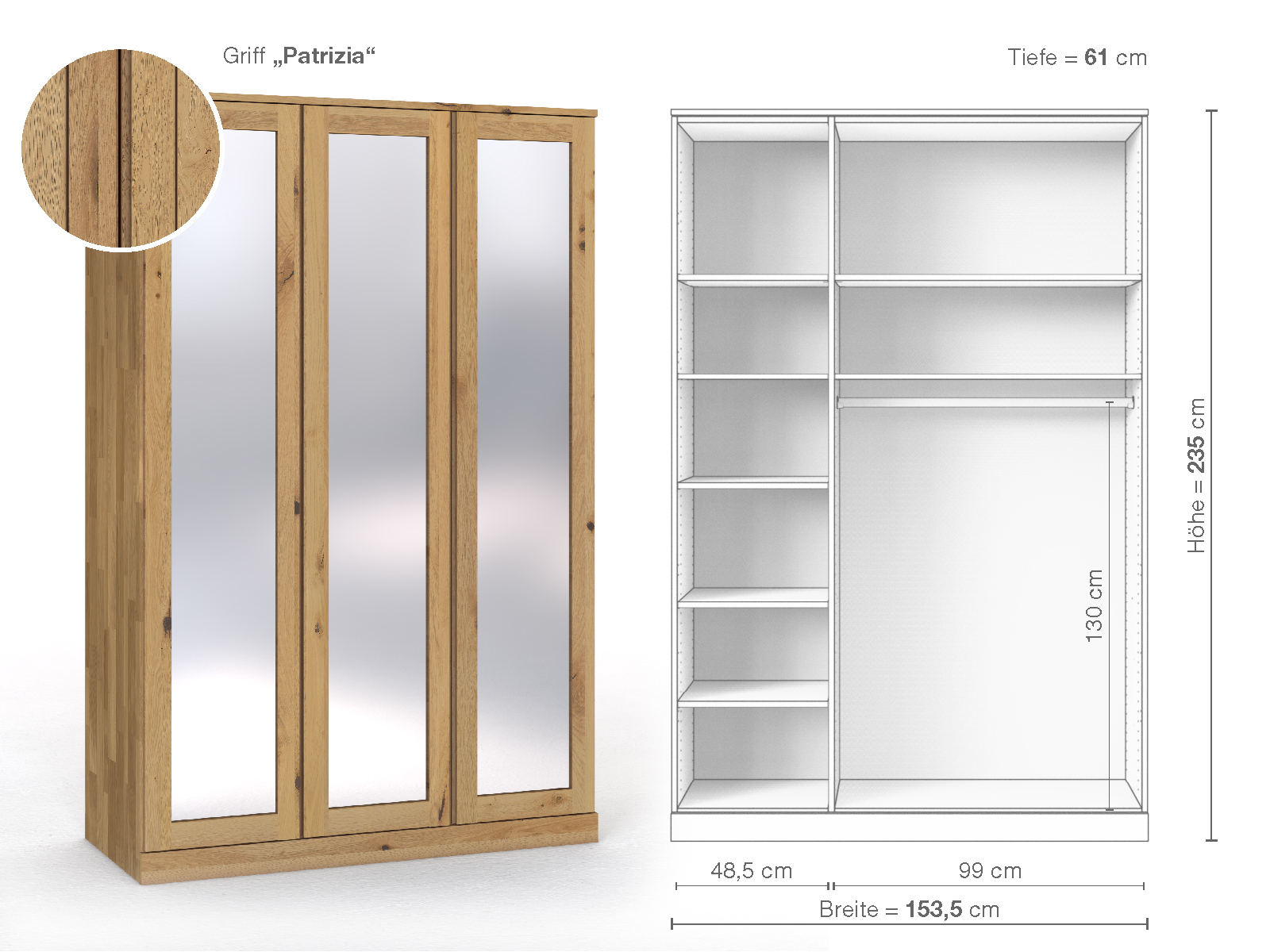 Schrank „Alpenrose“ aus Wildeiche Hell, 3-türig, Höhe 235 cm, Griffausführung „Patrizia“, Inneneinrichtung B