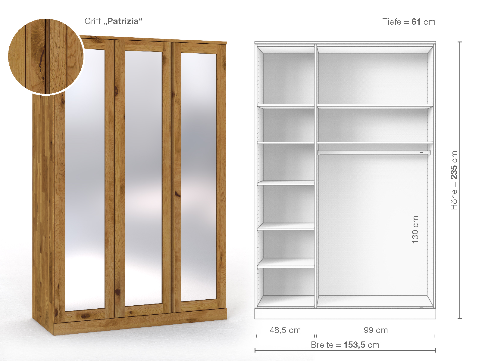 Schrank „Alpenrose“ aus Wildeiche, 3-türig, Höhe 235 cm, Griffausführung „Patrizia“, Inneneinrichtung B