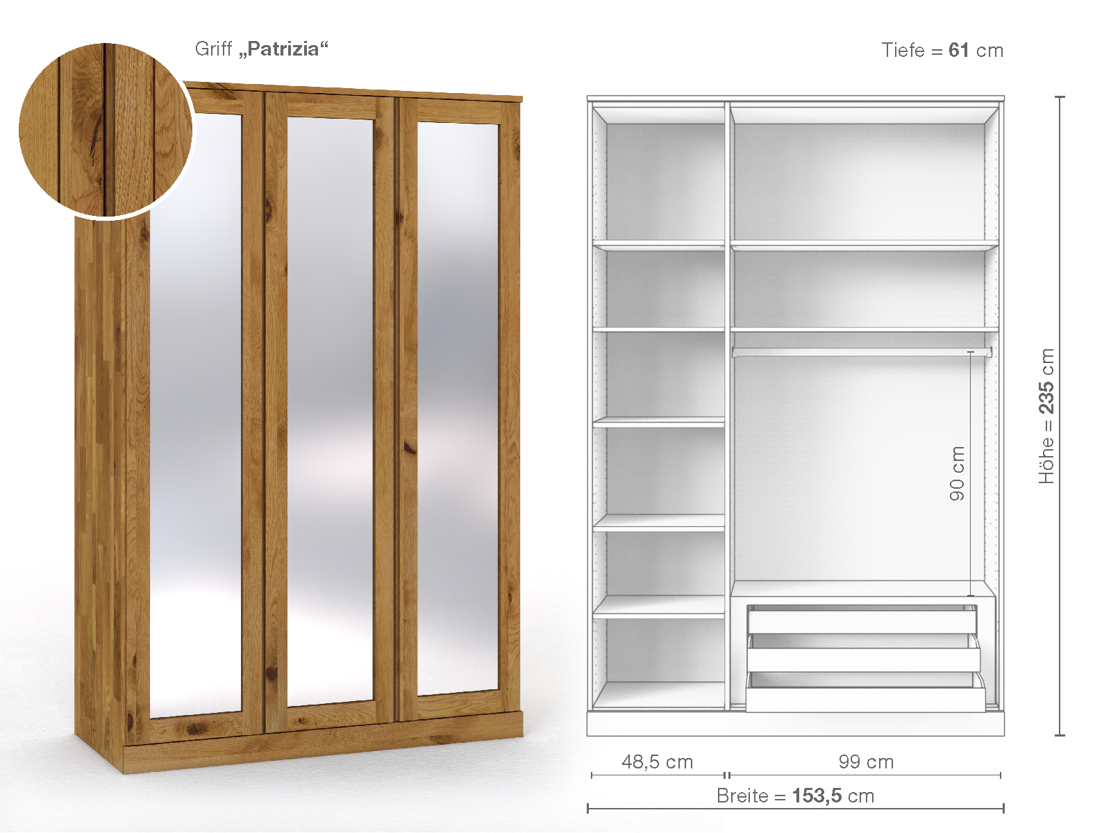 Schrank „Alpenrose“ aus Wildeiche, 3-türig, Höhe 235 cm, Griffausführung „Patrizia“, Inneneinrichtung C