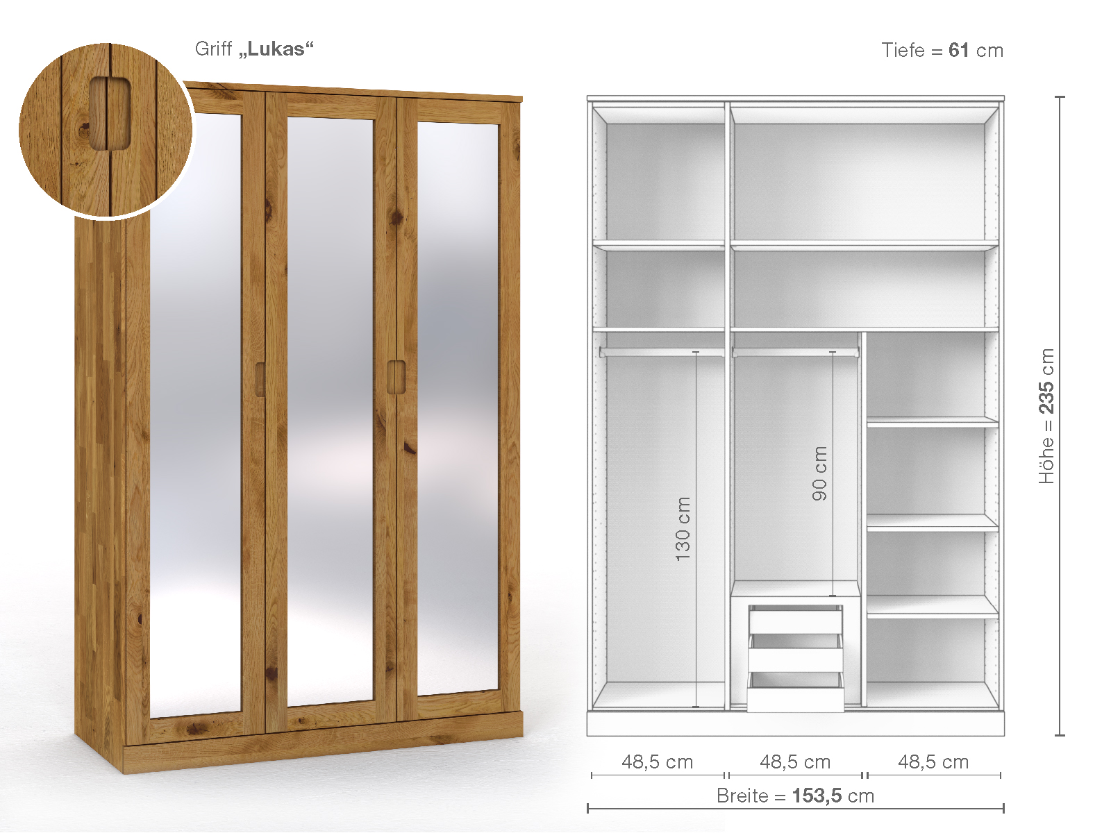 Schrank „Alpenrose“ aus Wildeiche, 3-türig, Höhe 235 cm, Griffausführung „Lukas“, Inneneinrichtung D