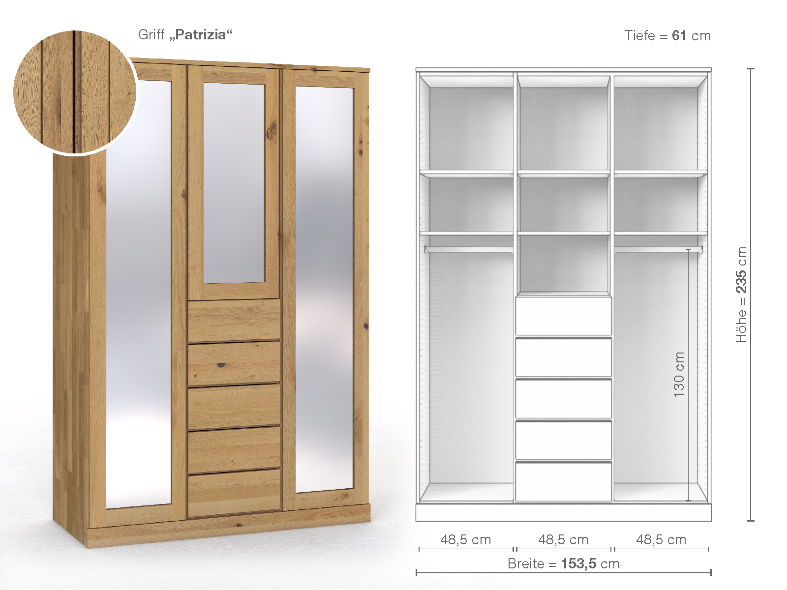 Schrank „Alpenrose“ aus Wildeiche Hell, 3-türig, Höhe 235 cm, Griffausführung „Patrizia“, Inneneinrichtung E