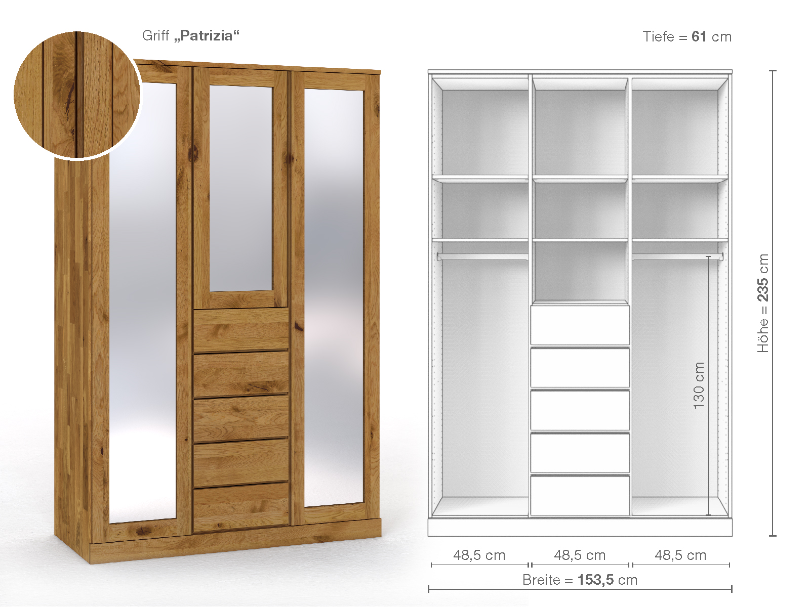 Schrank „Alpenrose“ aus Wildeiche, 3-türig, Höhe 235 cm, Griffausführung „Patrizia“, Inneneinrichtung E