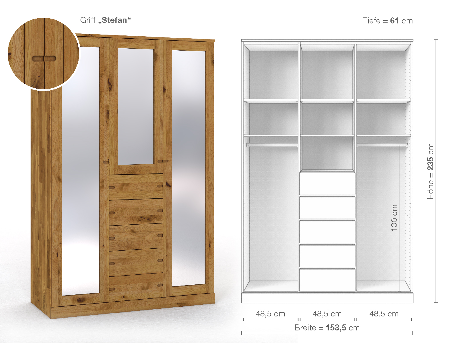 Schrank „Alpenrose“ aus Wildeiche, 3-türig, Höhe 235 cm, Griffausführung „Stefan“, Inneneinrichtung E