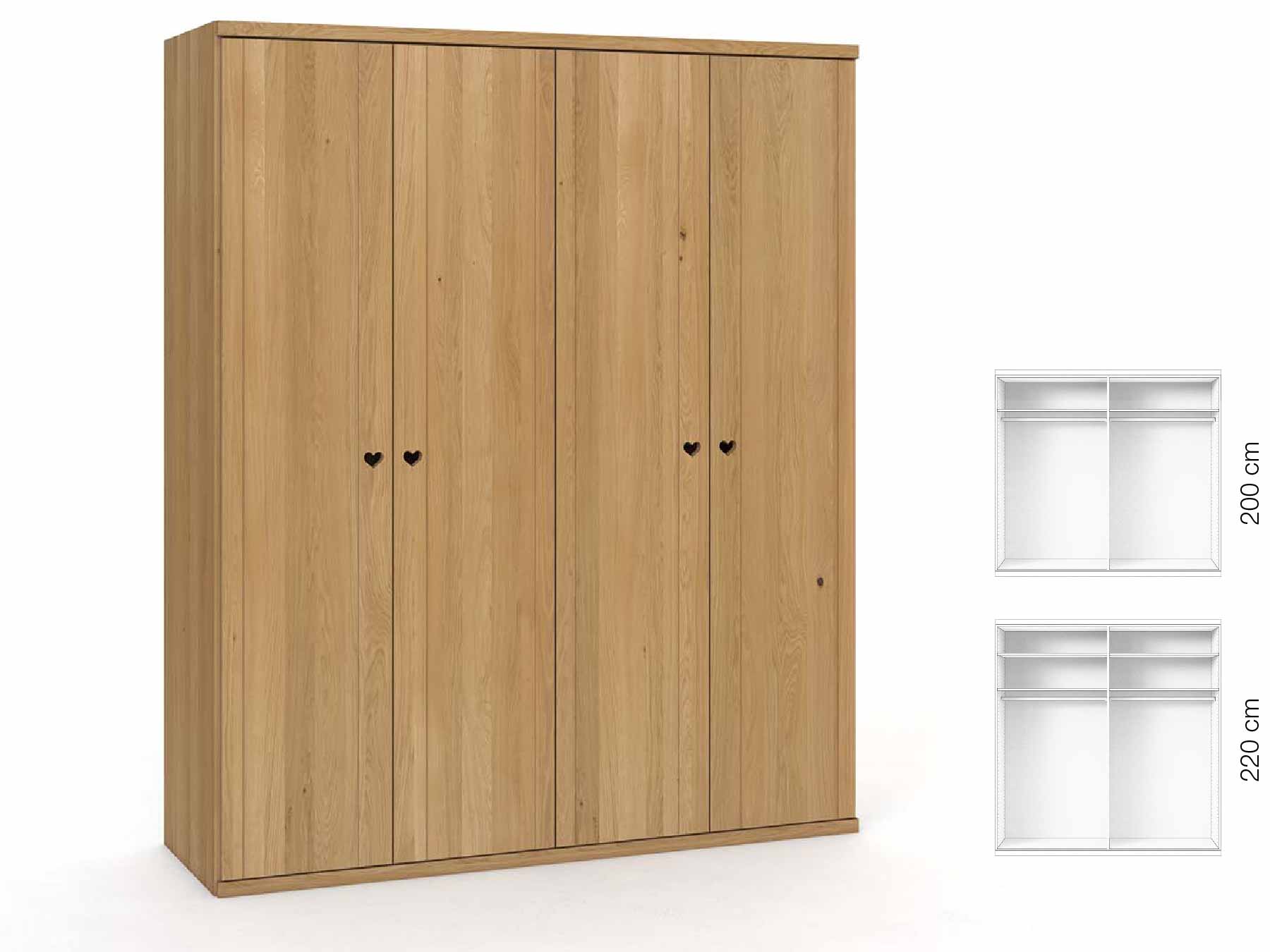 Eichenschrank Hell „Egon“, 4-türig, Höhe 220 cm, Griffausführung „Heidi“, Inneneinrichtung: A