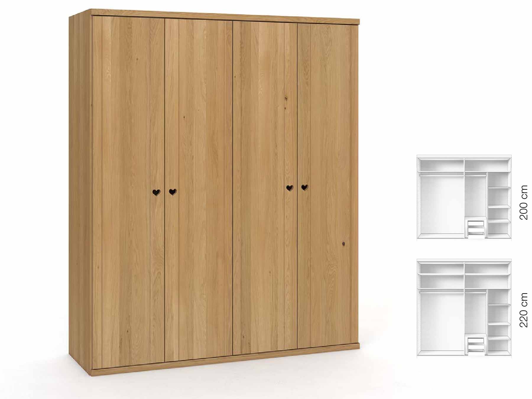 Eichenschrank Hell „Egon“, 4-türig, Höhe 220 cm, Griffausführung „Heidi“, Inneneinrichtung: D