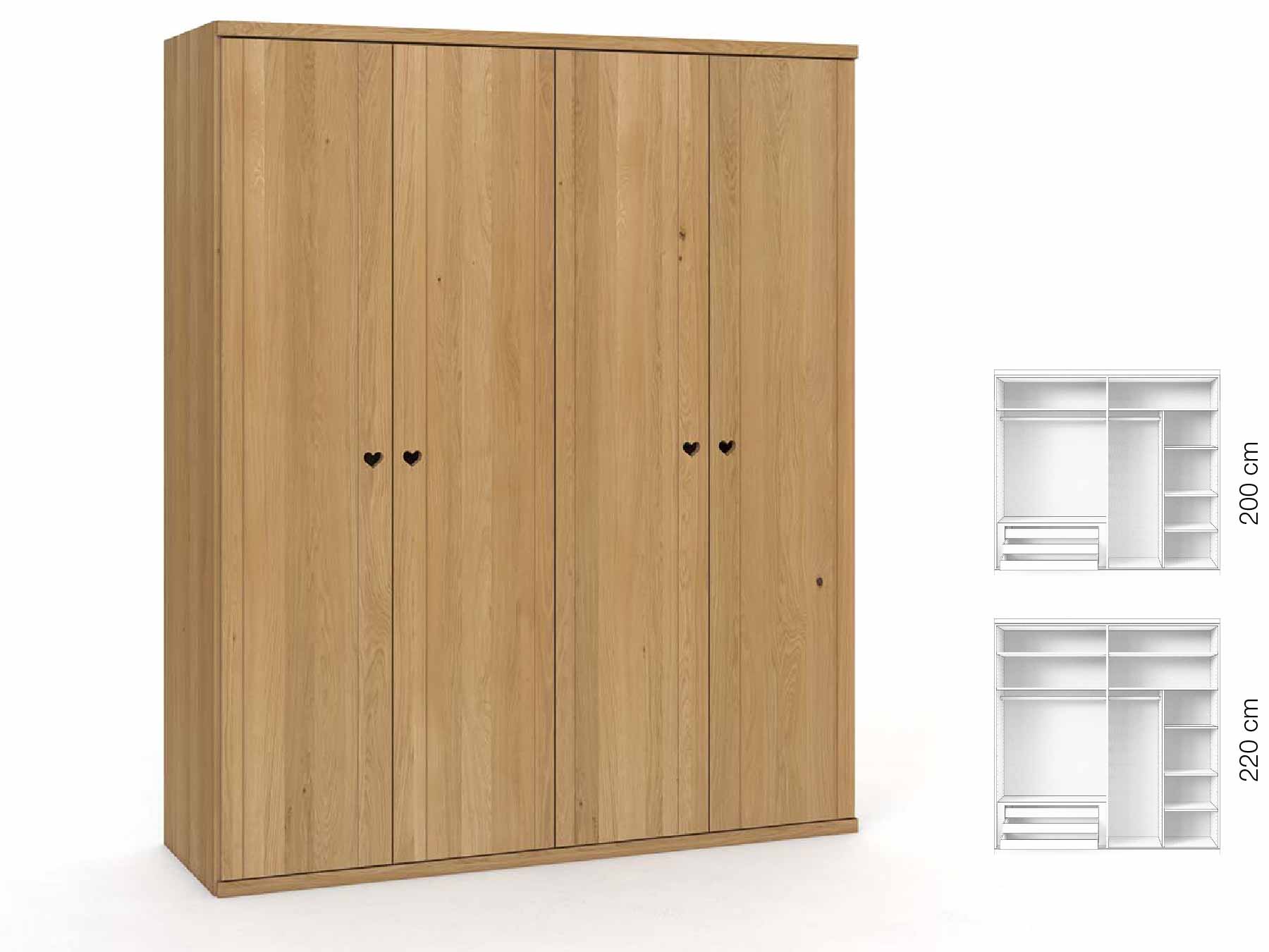 Eichenschrank Hell „Egon“, 4-türig, Höhe 220 cm, Griffausführung „Heidi“, Inneneinrichtung: C