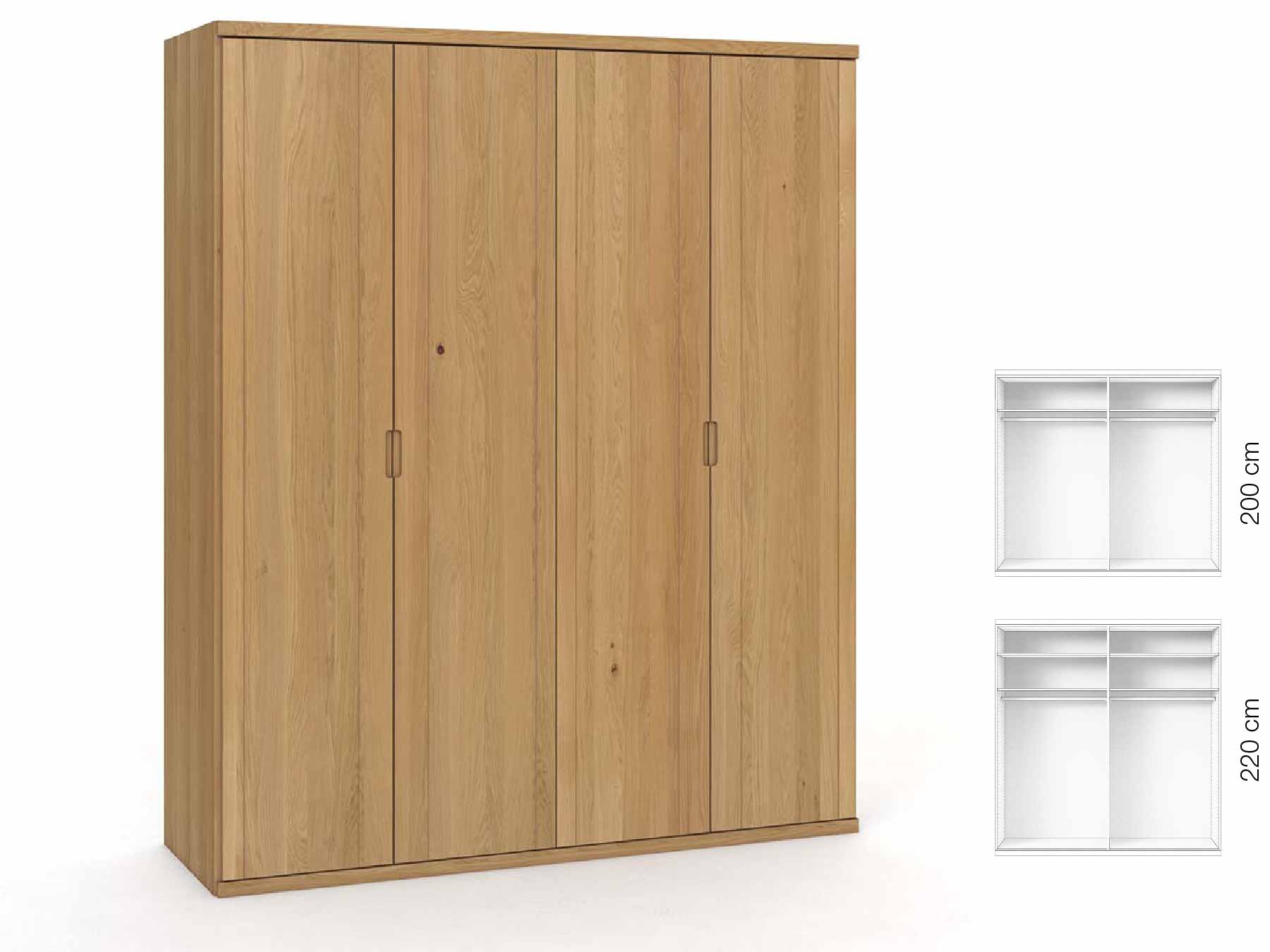 Eichenschrank Hell „Egon“, 4-türig, Höhe 220 cm, Griffausführung „Lukas“, Inneneinrichtung: A