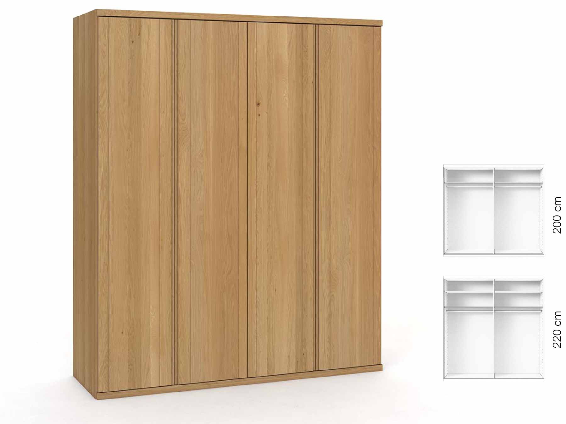 Eichenschrank Hell „Egon“, 4-türig, Höhe 220 cm, Griffausführung „Patrizia“, Inneneinrichtung: A