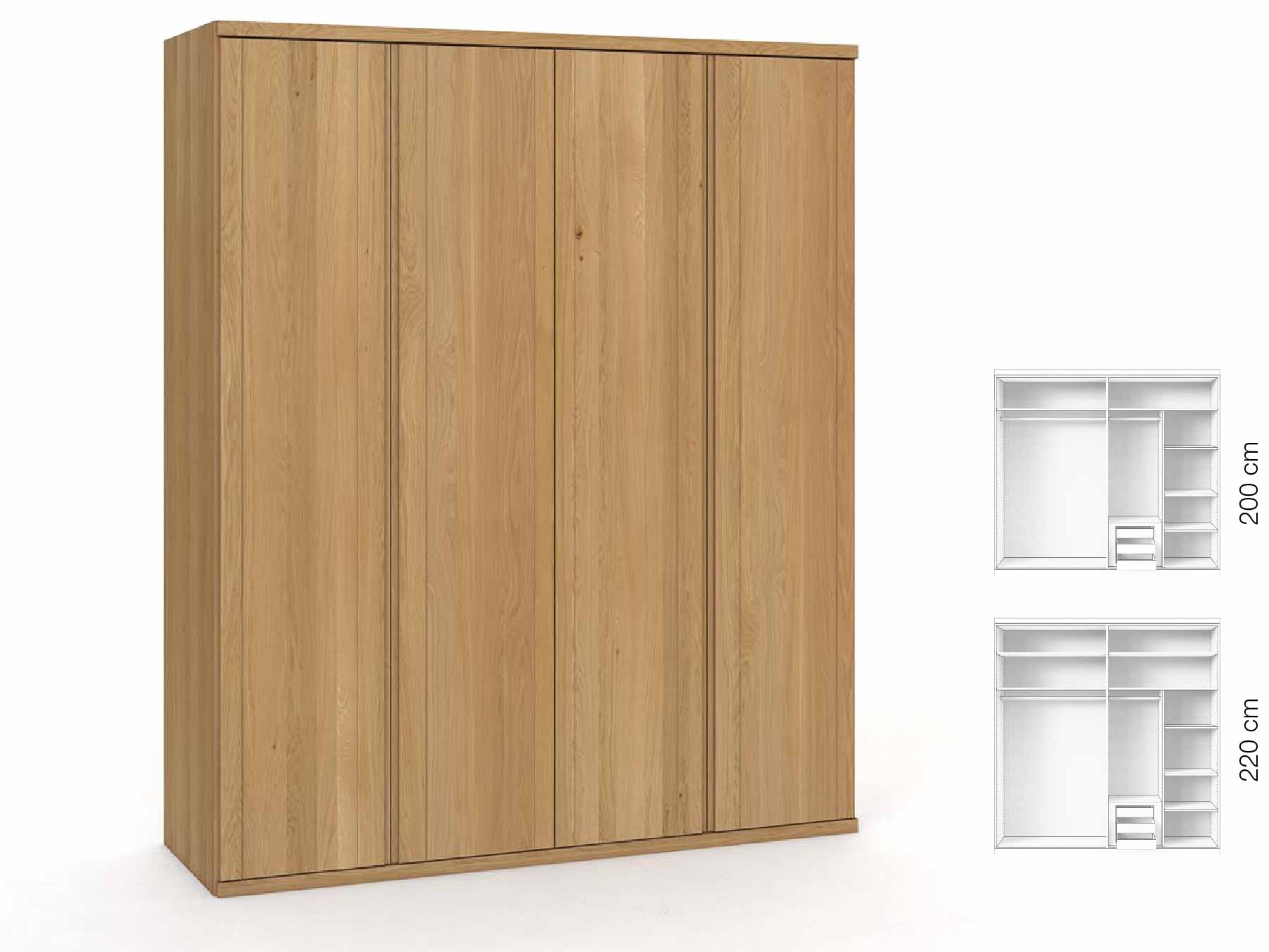 Eichenschrank Hell „Egon“, 4-türig, Höhe 220 cm, Griffausführung „Patrizia“, Inneneinrichtung: C
