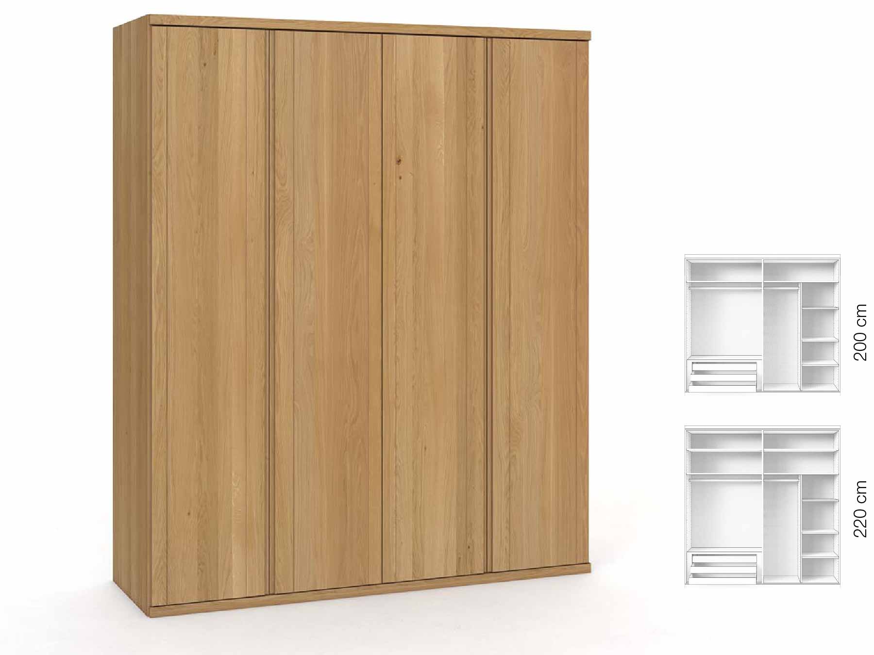 Eichenschrank Hell „Egon“, 4-türig, Höhe 220 cm, Griffausführung „Patrizia“, Inneneinrichtung: C