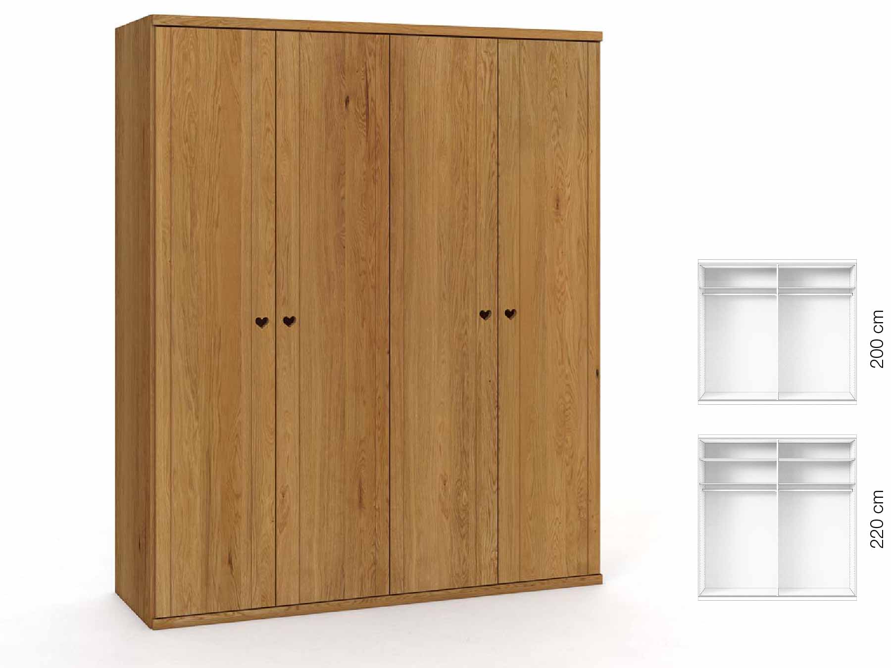 Eichenschrank „Egon“, 4-türig, Höhe 220 cm, Griffausführung „Heidi“, Inneneinrichtung: A