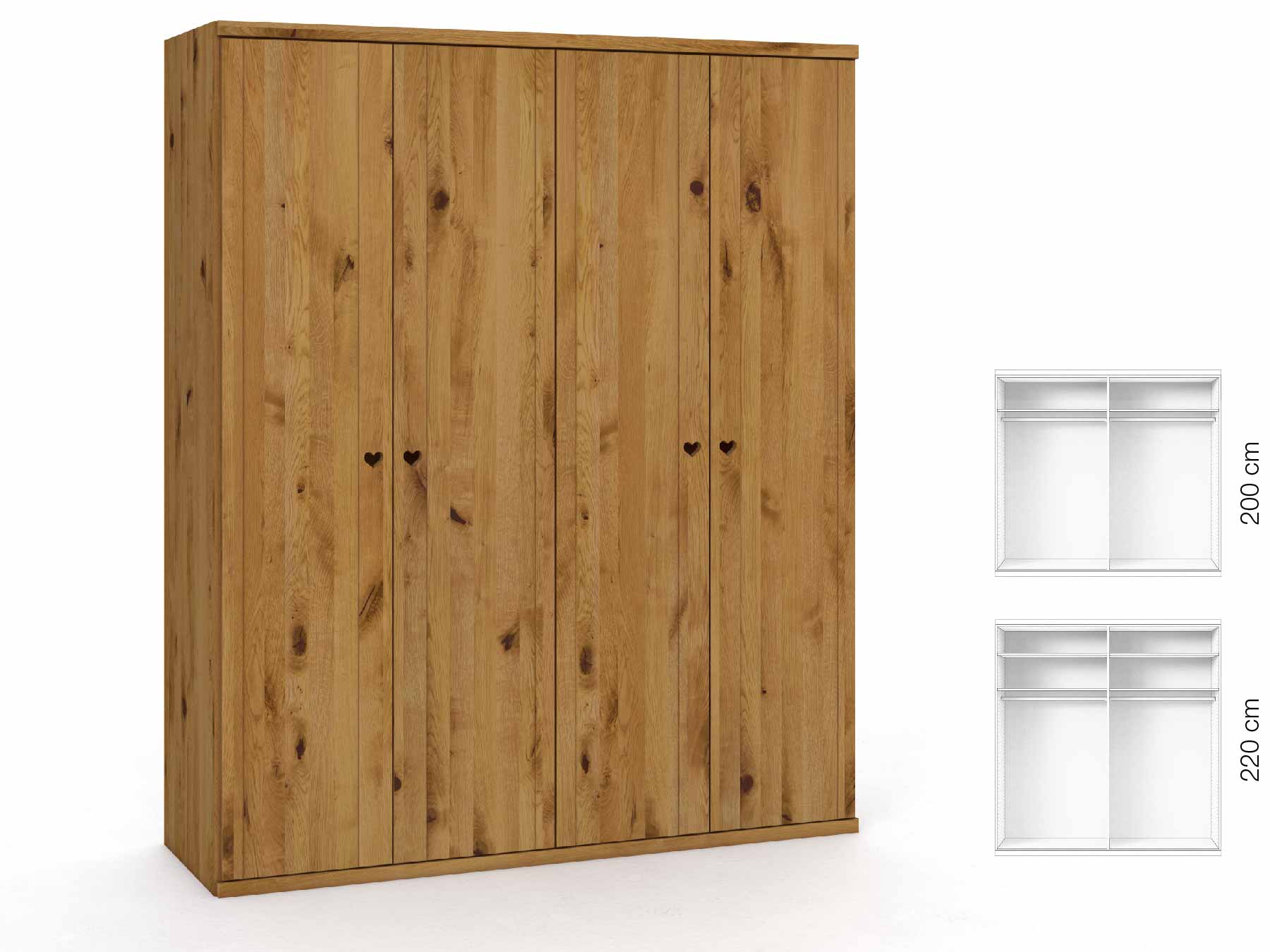 Wildeichenschrank „Egon“, 4-türig, Höhe 220 cm, Griffausführung „Heidi“, Inneneinrichtung: A