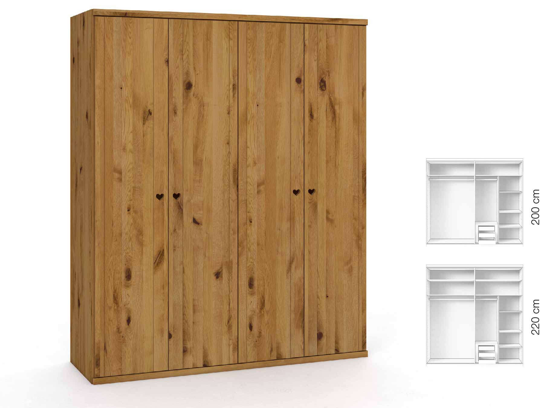 Wildeichenschrank „Egon“, 4-türig, Höhe 220 cm, Griffausführung „Heidi“, Inneneinrichtung: D