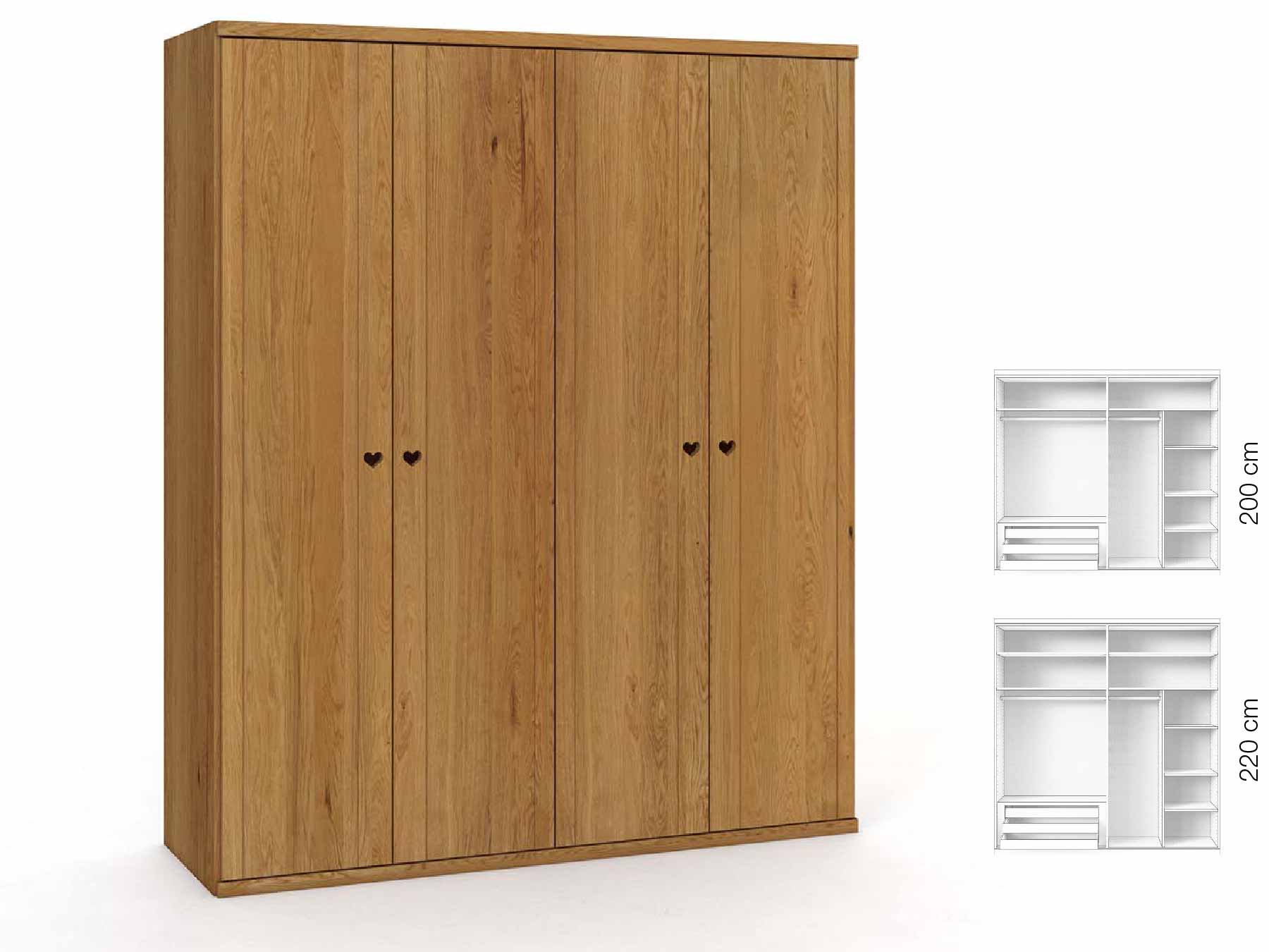 Eichenschrank „Egon“, 4-türig, Höhe 220 cm, Griffausführung „Heidi“, Inneneinrichtung: C