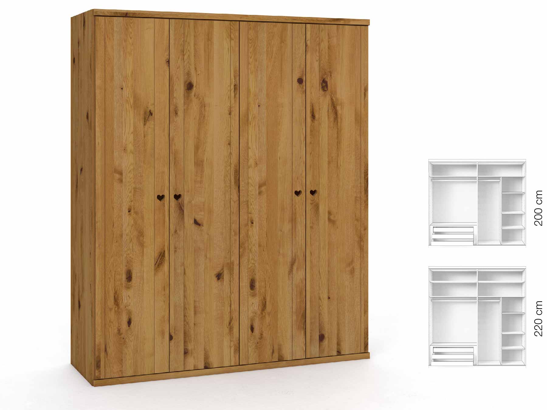 Wildeichenschrank „Egon“, 4-türig, Höhe 220 cm, Griffausführung „Heidi“, Inneneinrichtung: C
