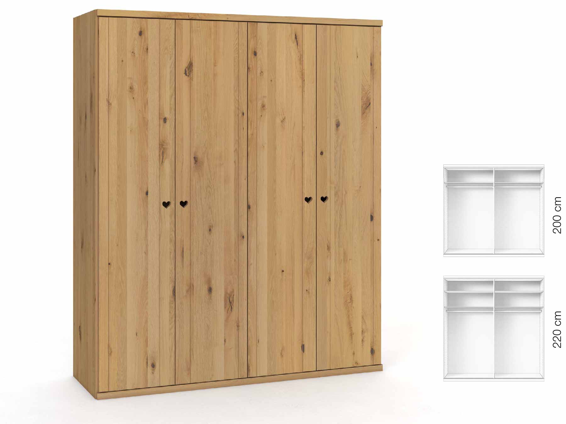 Wildeichenschrank Hell „Egon“, 4-türig, Höhe 220 cm, Griffausführung „Heidi“, Inneneinrichtung: A