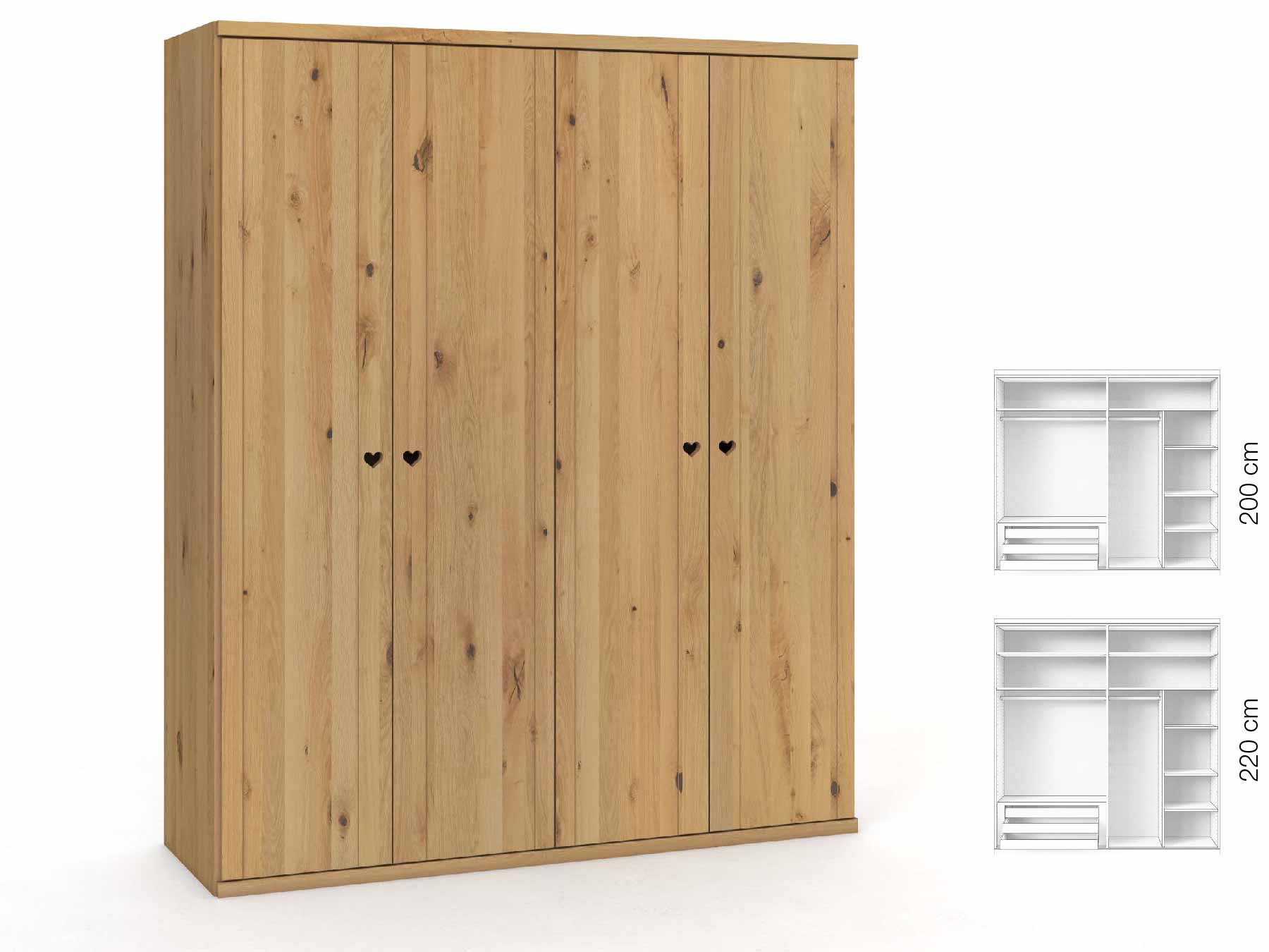 Wildeichenschrank Hell „Egon“, 4-türig, Höhe 220 cm, Griffausführung „Heidi“, Inneneinrichtung: C
