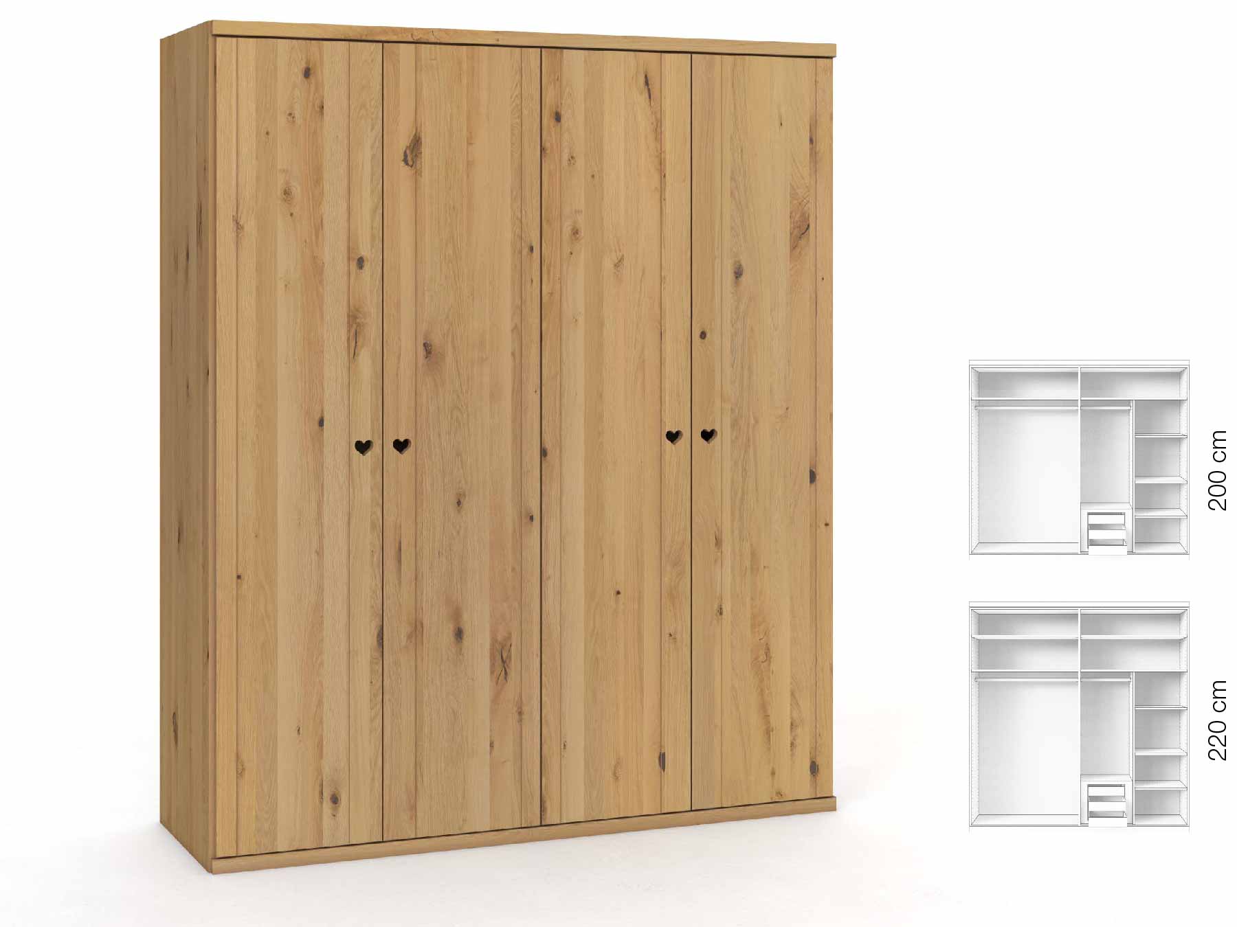 Wildeichenschrank Hell „Egon“, 4-türig, Höhe 220 cm, Griffausführung „Heidi“, Inneneinrichtung: D