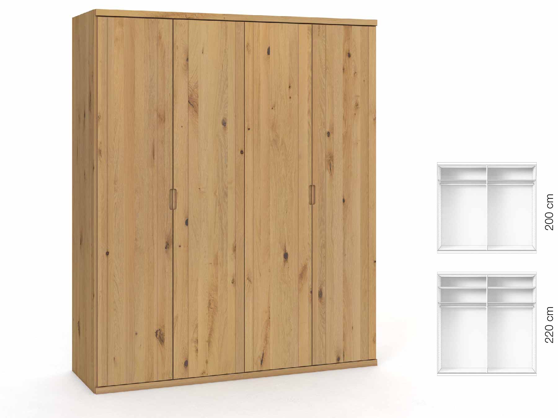 Wildeichenschrank Hell „Egon“, 4-türig, Höhe 220 cm, Griffausführung „Lukas“, Inneneinrichtung: A