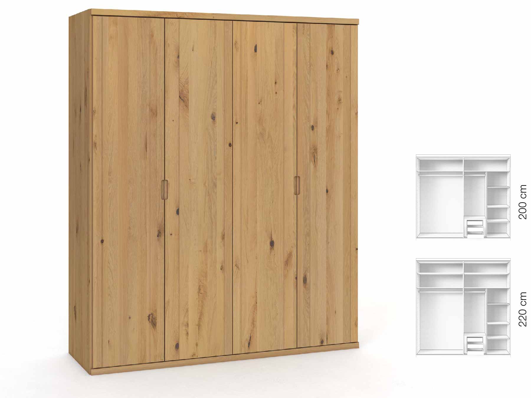 Wildeichenschrank Hell „Egon“, 4-türig, Höhe 220 cm, Griffausführung „Lukas“, Inneneinrichtung: D