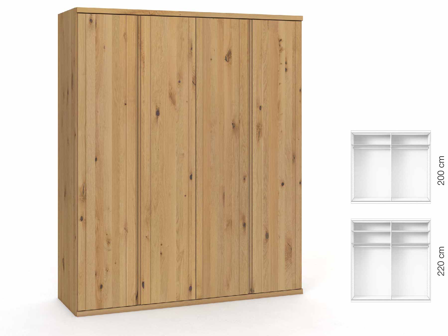 Wildeichenschrank Hell „Egon“, 4-türig, Höhe 220 cm, Griffausführung „Patrizia“, Inneneinrichtung: A