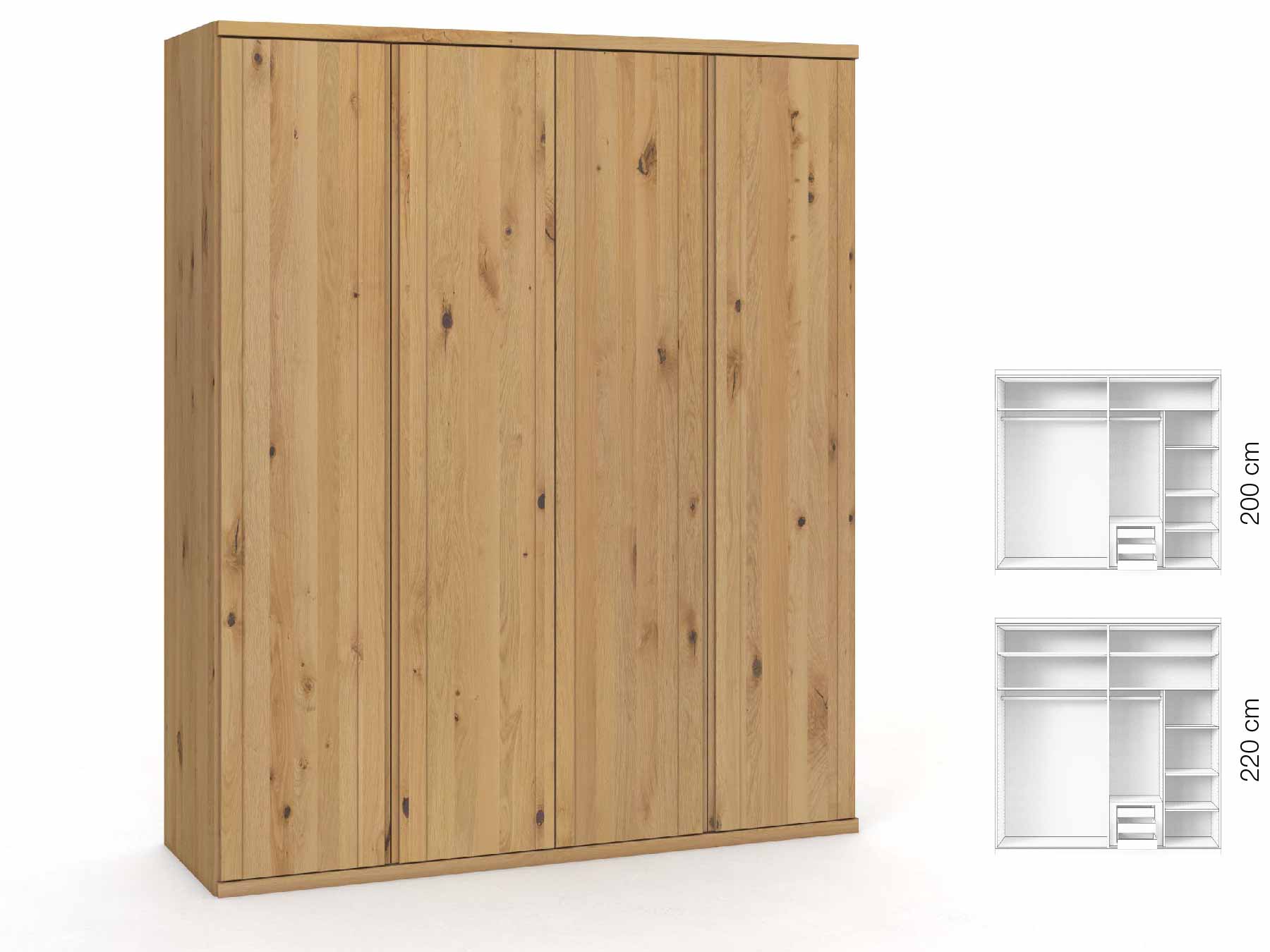 Wildeichenschrank Hell „Egon“, 4-türig, Höhe 220 cm, Griffausführung „Patrizia“, Inneneinrichtung: D
