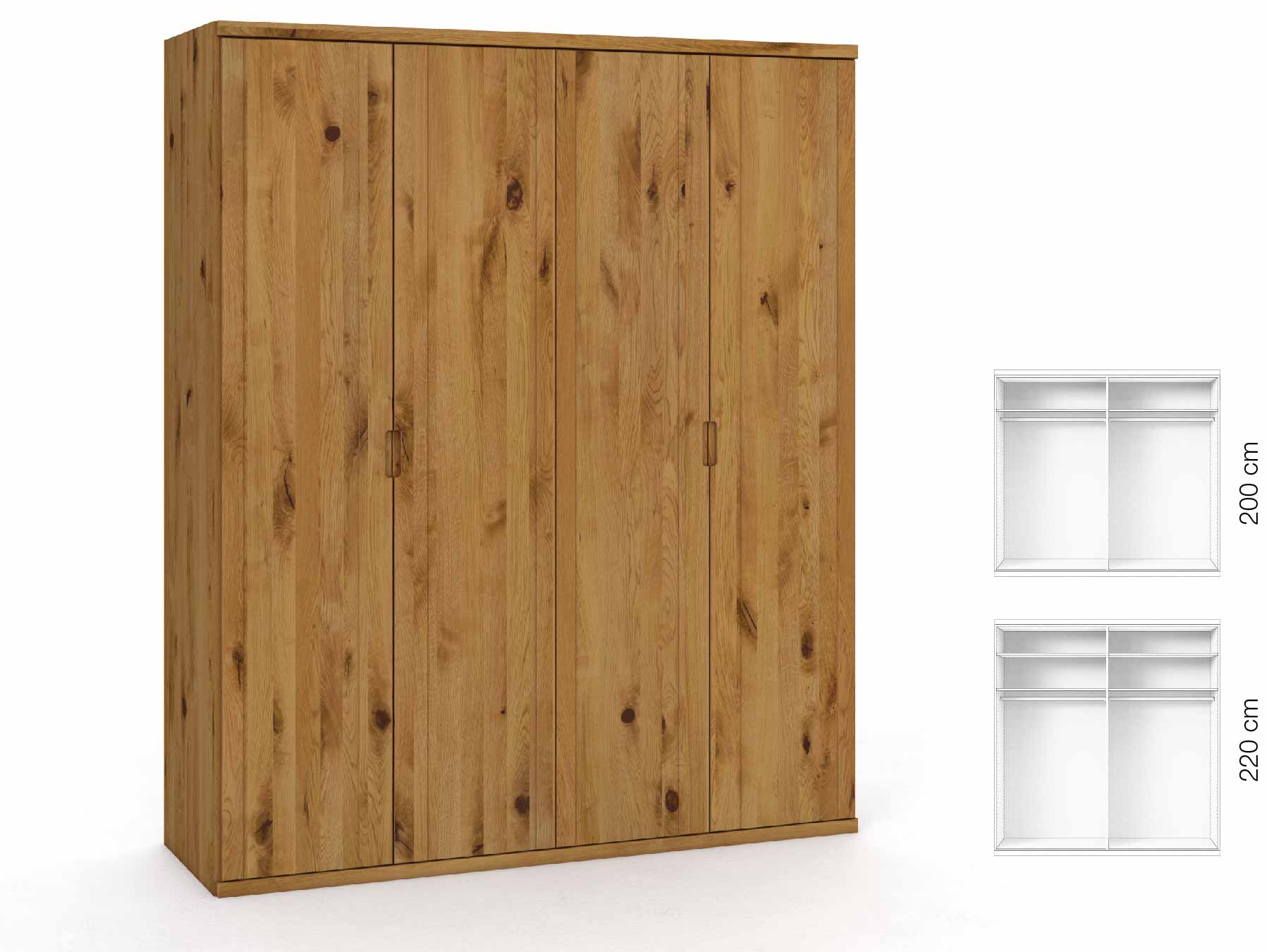 Wildeichenschrank „Egon“, 4-türig, Höhe 220 cm, Griffausführung „Lukas“, Inneneinrichtung: A