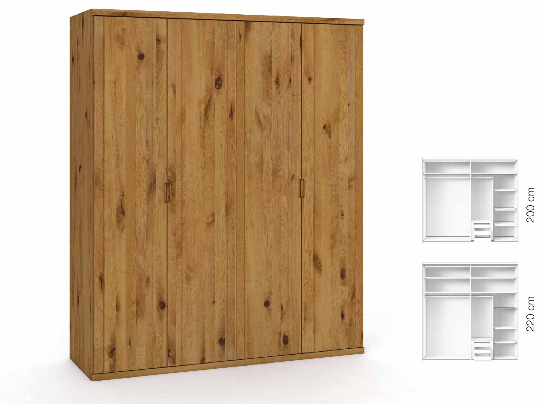 Wildeichenschrank „Egon“, 4-türig, Höhe 220 cm, Griffausführung „Lukas“, Inneneinrichtung: D