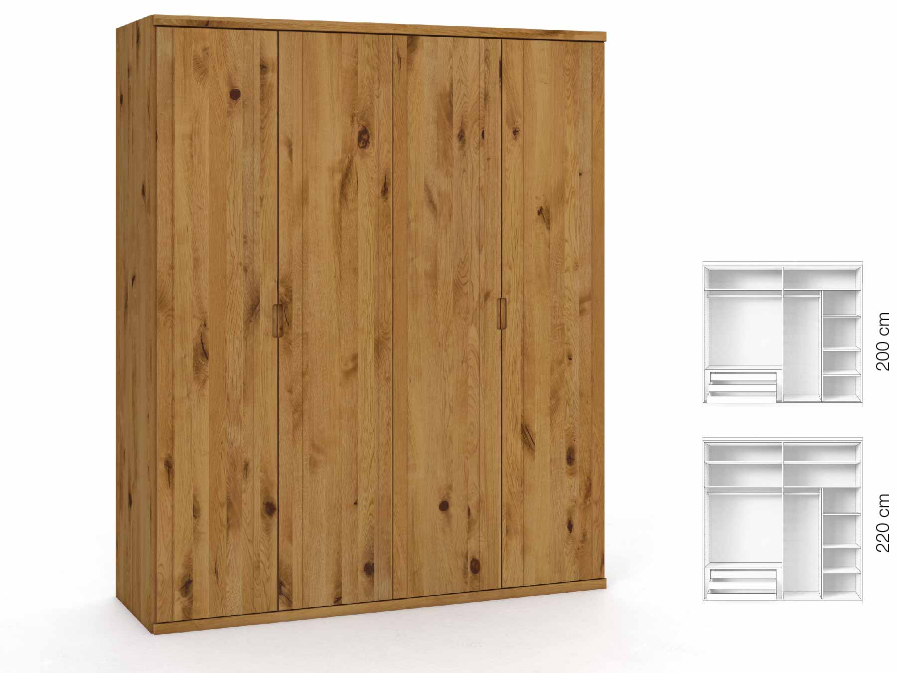 Wildeichenschrank „Egon“, 4-türig, Höhe 220 cm, Griffausführung „Lukas“, Inneneinrichtung: C