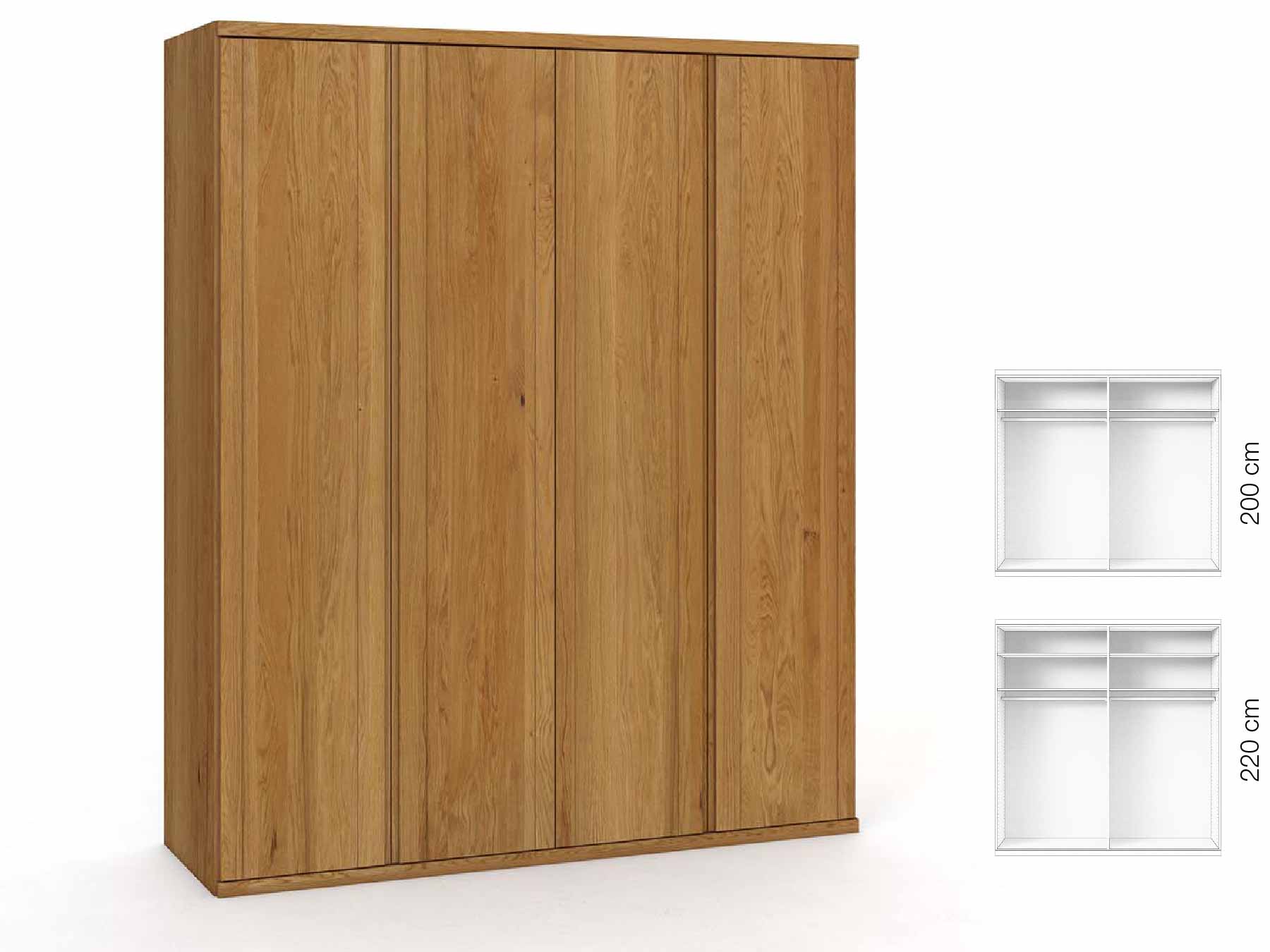 Eichenschrank „Egon“, 4-türig, Höhe 220 cm, Griffausführung „Patrizia“, Inneneinrichtung: A