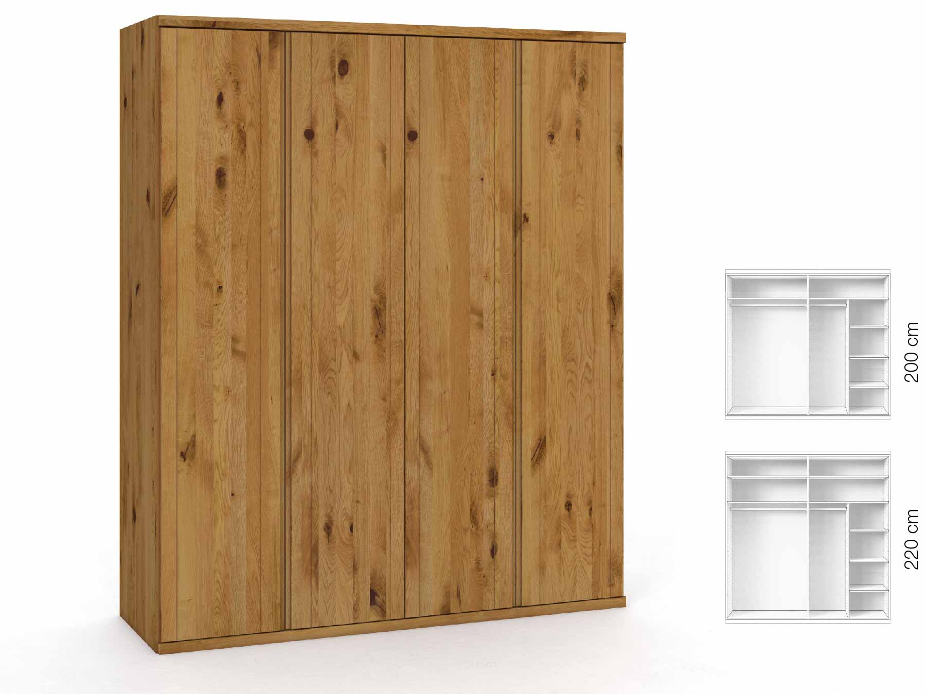 Wildeichenschrank „Egon“, 4-türig, Höhe 220 cm, Griffausführung „Patrizia“, Inneneinrichtung: B