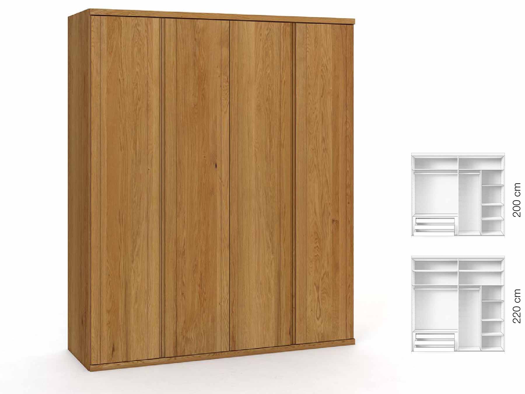 Eichenschrank „Egon“, 4-türig, Höhe 220 cm, Griffausführung „Patrizia“, Inneneinrichtung: C