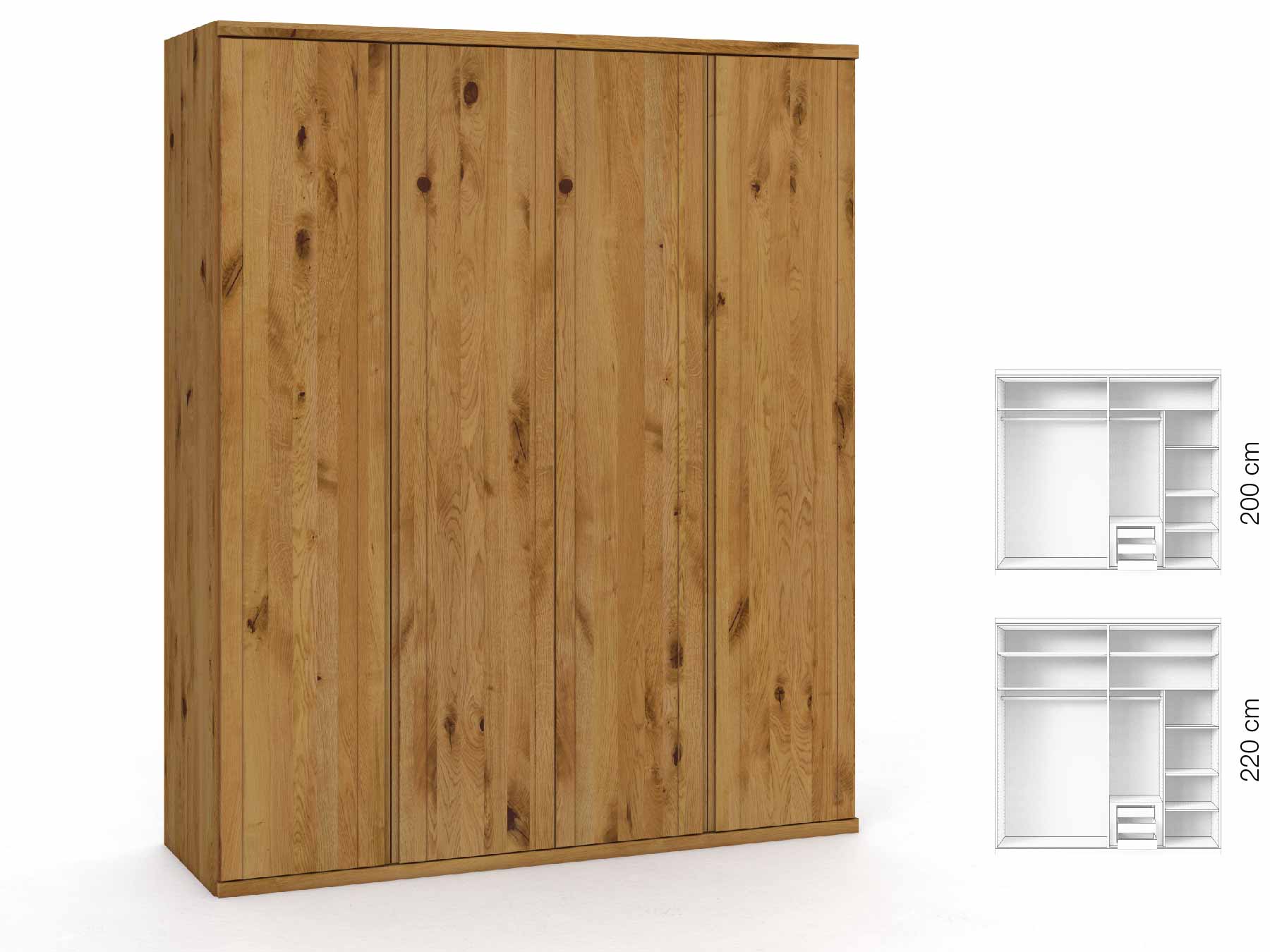 Wildeichenschrank „Egon“, 4-türig, Höhe 220 cm, Griffausführung „Patrizia“, Inneneinrichtung: C