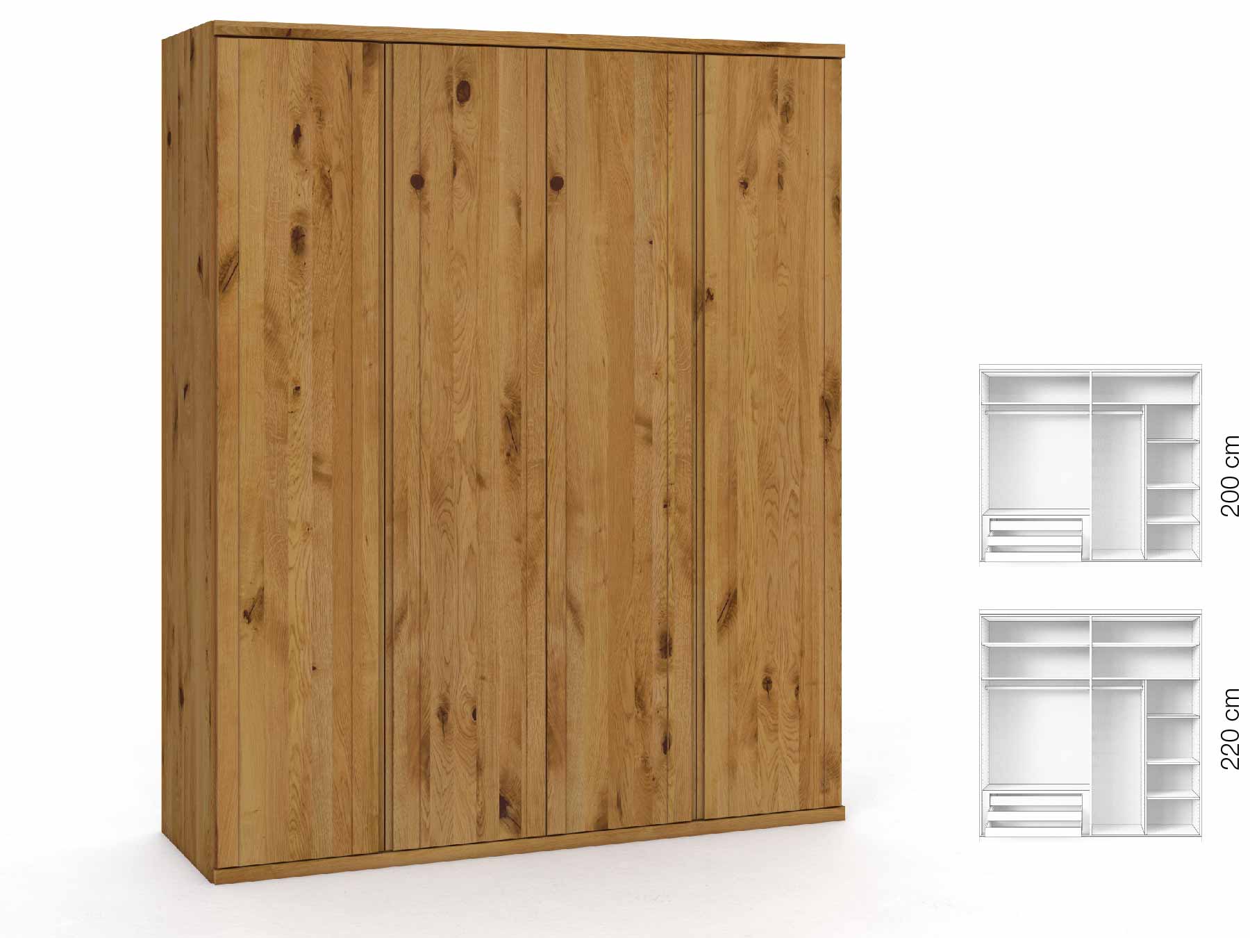 Wildeichenschrank „Egon“, 4-türig, Höhe 220 cm, Griffausführung „Patrizia“, Inneneinrichtung: D