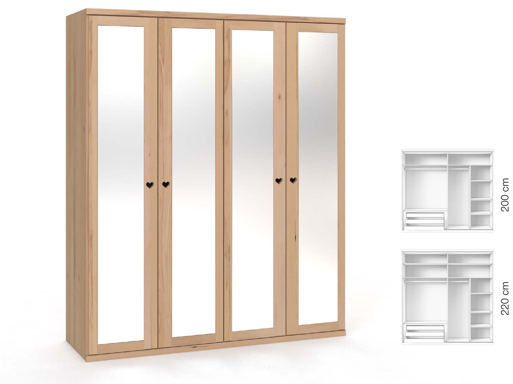 Buchenschrank „Sandra“, 4-türig, Höhe 220 cm, Griffausführung „Heidi“, Inneneinrichtung: D