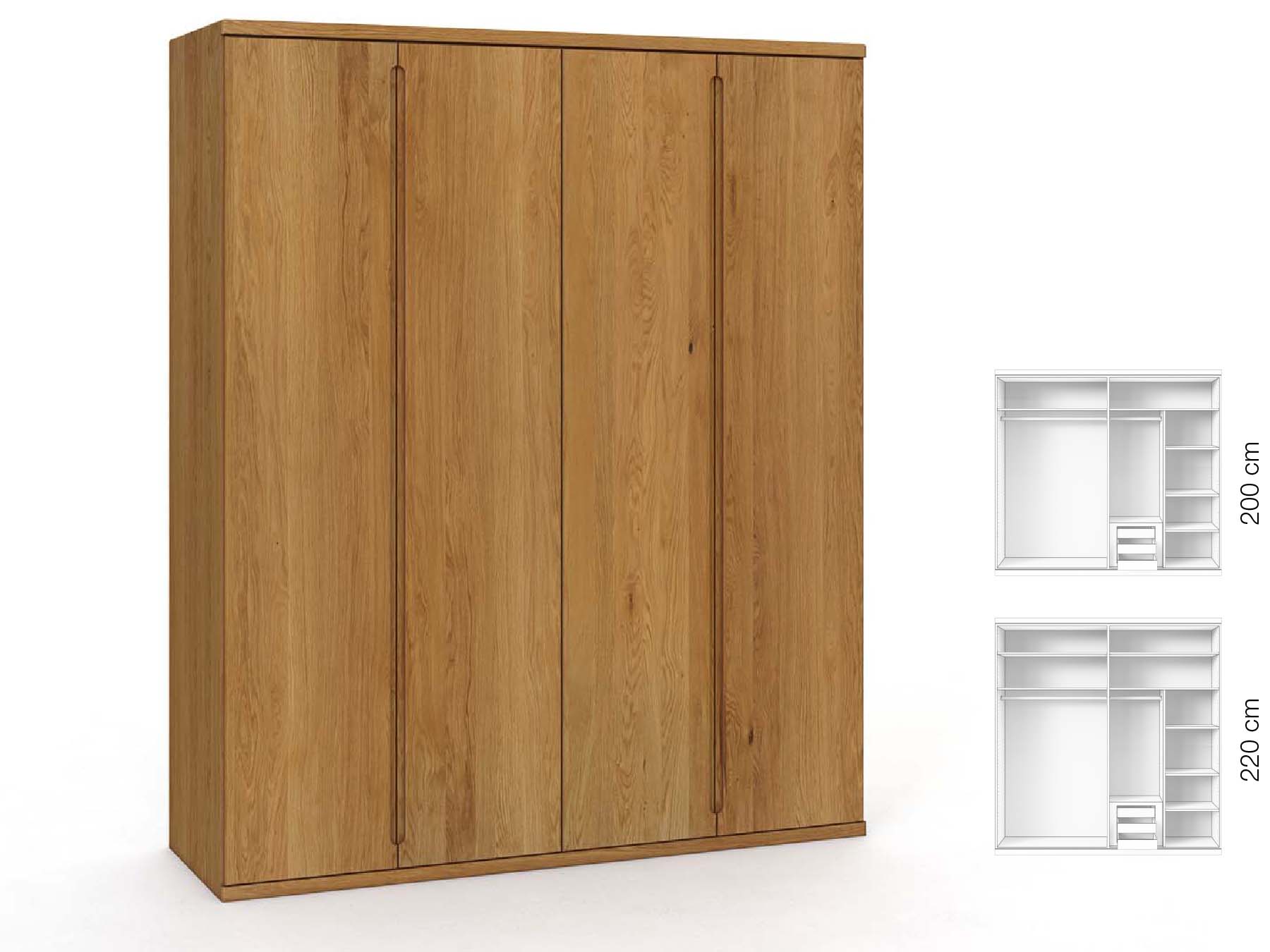 Eichenschrank „Valentin“, 4-türig, Höhe 220 cm, Griffausführung „Lukas“, Inneneinrichtung: C